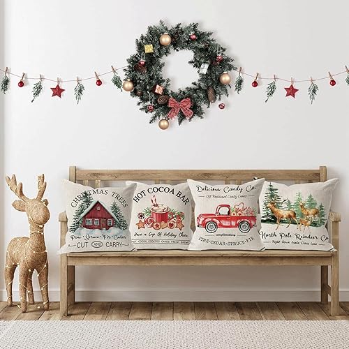 Miniatura 2 de Juego de 4 fundas de almohada navideñas de 18 x 18 pulgadas, fundas de almohada rústicas de invierno, fundas de cojín para camión, ciervos, granja,