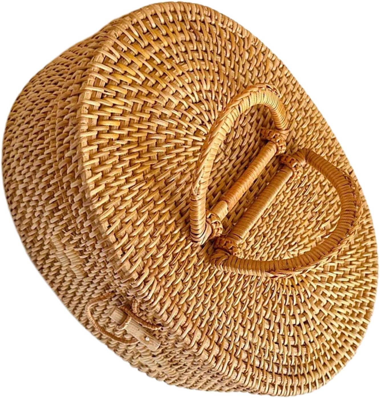 Oval Rattan Picnic Basket with Handle and Lid, Woven Outdoor Snack Storage Box 30x22x12cm, Decorative Wicker Organizer for Family Picnic and Kitchen Use