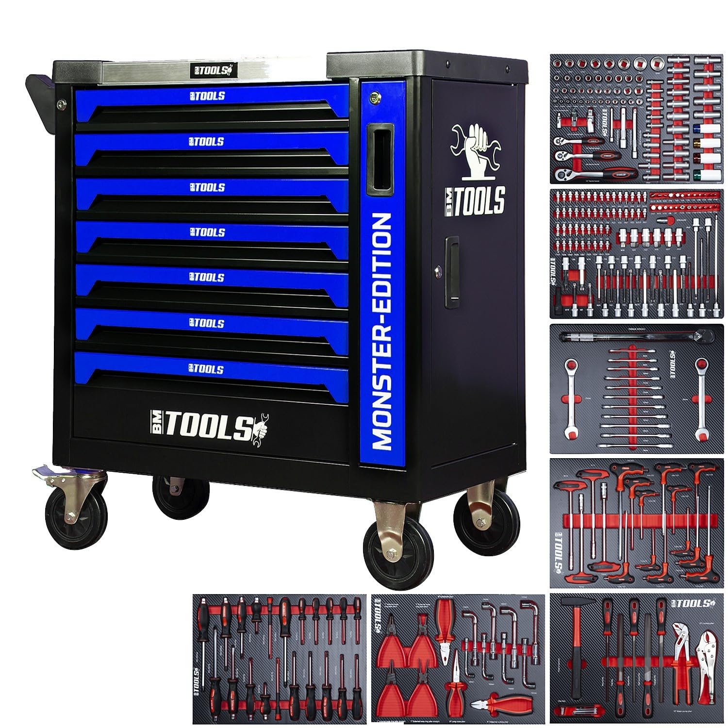 BM TOOLS Servante d'atelier 9/7 Monster-Edition-Blue 7 tiroirs Pleins, 1 Porte & 1 tiroir Vertical - 257 Outils - sur roulettes