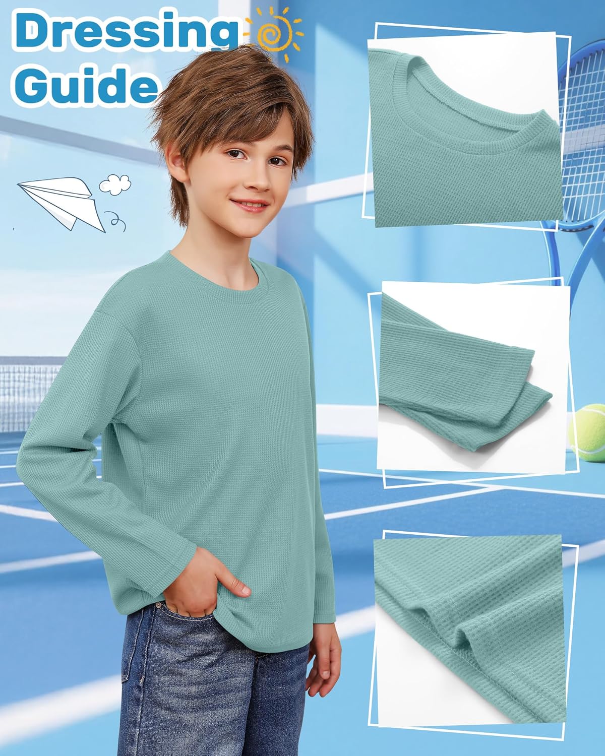 4 Pack Boys Long Sleeve Shirts Crewneck Kids Waffle Knit T Shirts Toddler Boy Thermal Casual Tops Tees 5-14 Years - Image 5