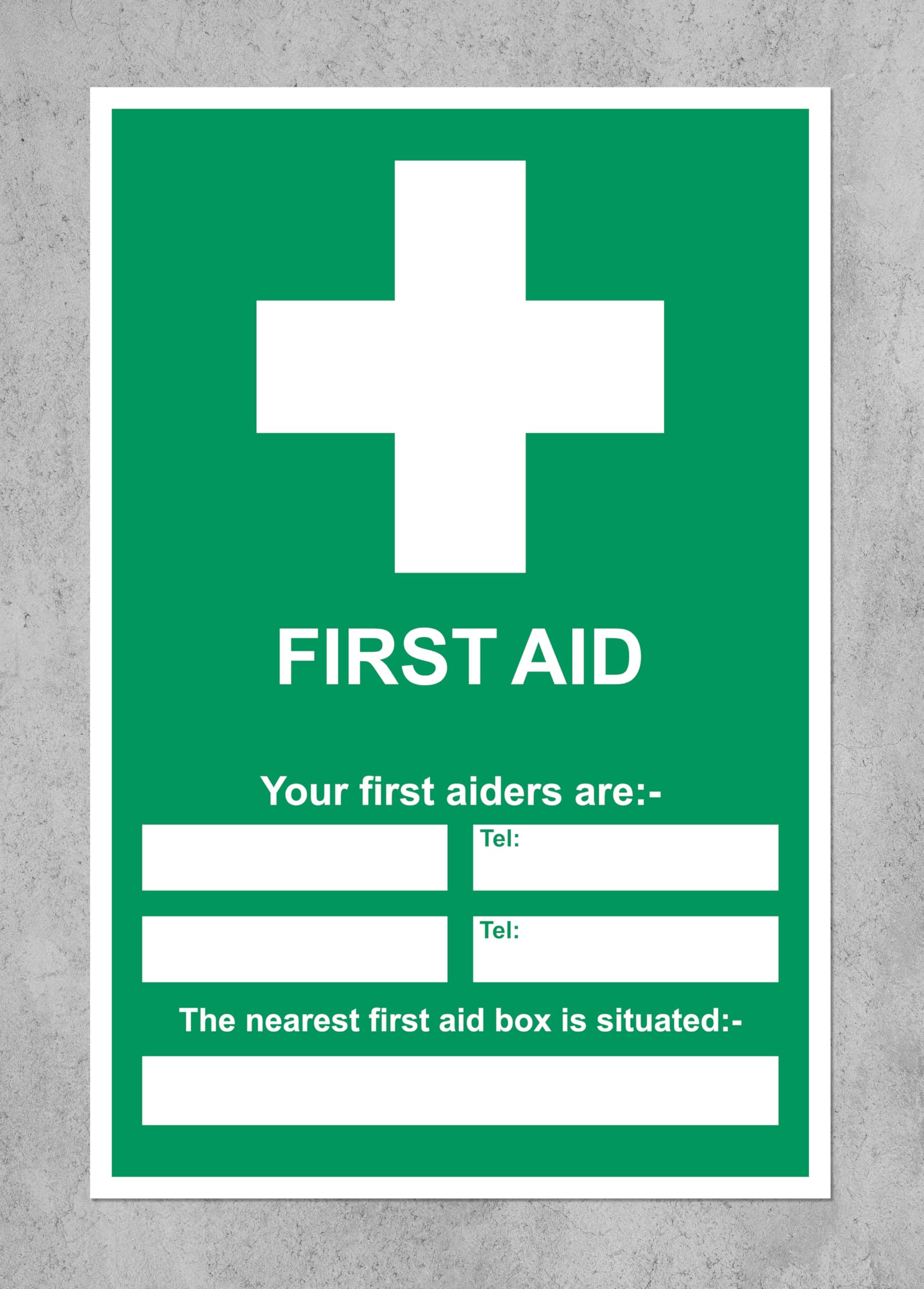 Kpcm Display Ltd Black First Aid Sign Your First Aiders Are - The Nearest First Aid Box Is Situated At Safety Sign - Self Adhesive Sticker 200Mm X 150Mm