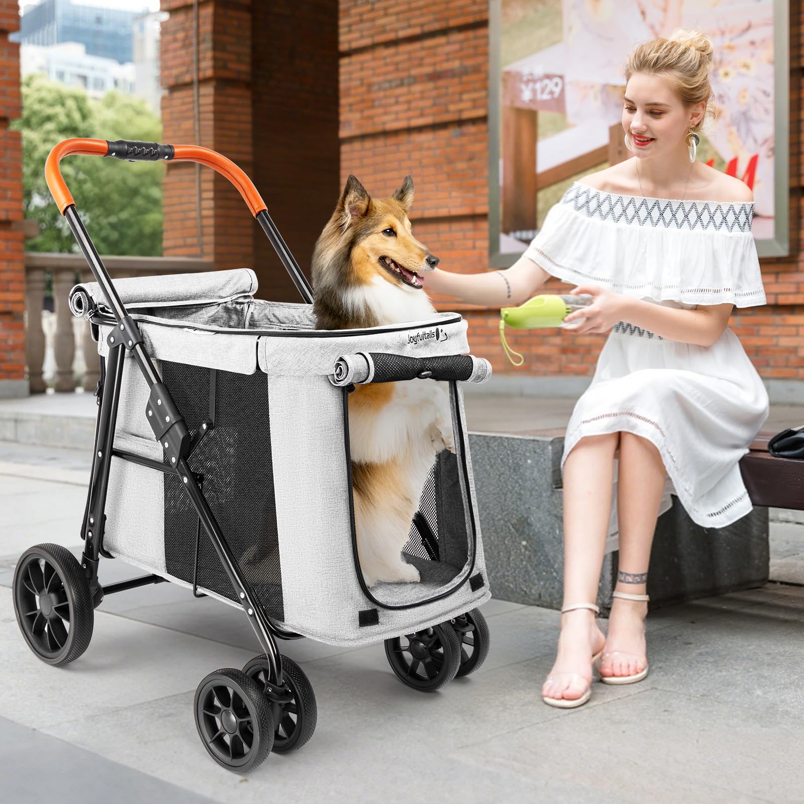 Hundebuggy Hundewagen Klappbar bis 30KG, Hundetrolley Faltbar mit Rahmen aus Aluminiumlegierung, Katzenwagen für kleine und mittelgroße Hunde mit Seitentaschen, Grau