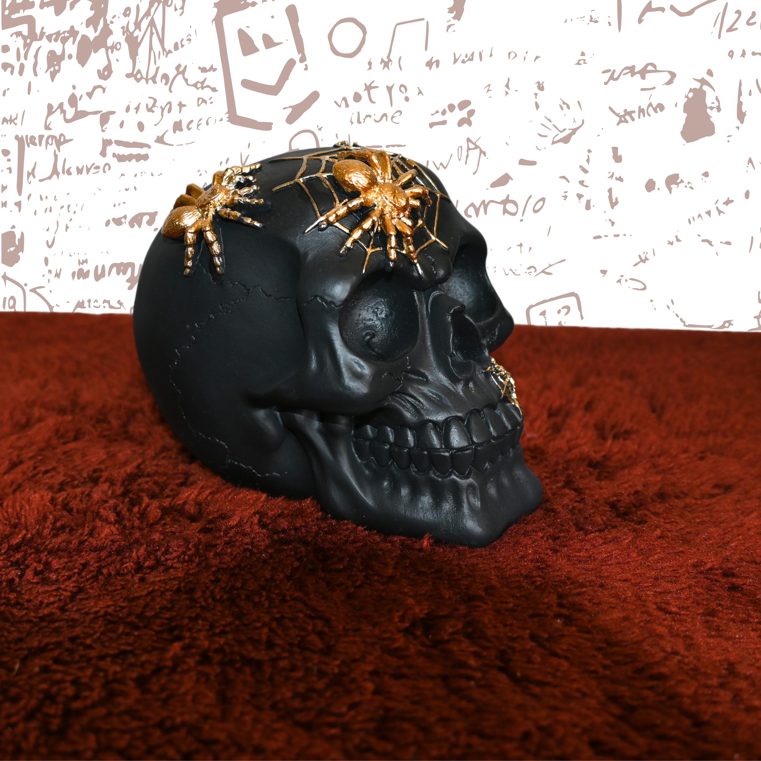 Calavera decorativa negra con arañas – calavera oscura romance – esqueleto cráneo – decoración espeluznante – Escultura del Día de los Muertos – Escultura espeluznante Halloween – esqueleto
