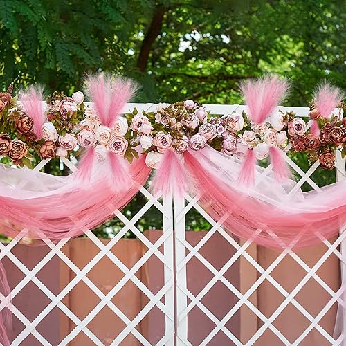 Miniatura 6 de Serwalin Hierba de las Pampas rosa de 17 pulgadas, 6 piezas, césped artificial de pampas, decoración de centros de mesa de pompas artificiales,