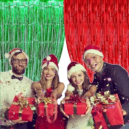 Miniatura 4 de Cortina de flecos de papel de aluminio de oropel rojo y verde 2 piezas para fiestas de Navidad interiores y exteriores accesorios de cabina de fotos