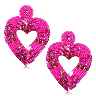 ARATLENCH Hypoallergenic Boho Beaded Heart Dangle Earrings for Women - Handmade Red Love Heart Drop Earrings, Valentine's Day Gift