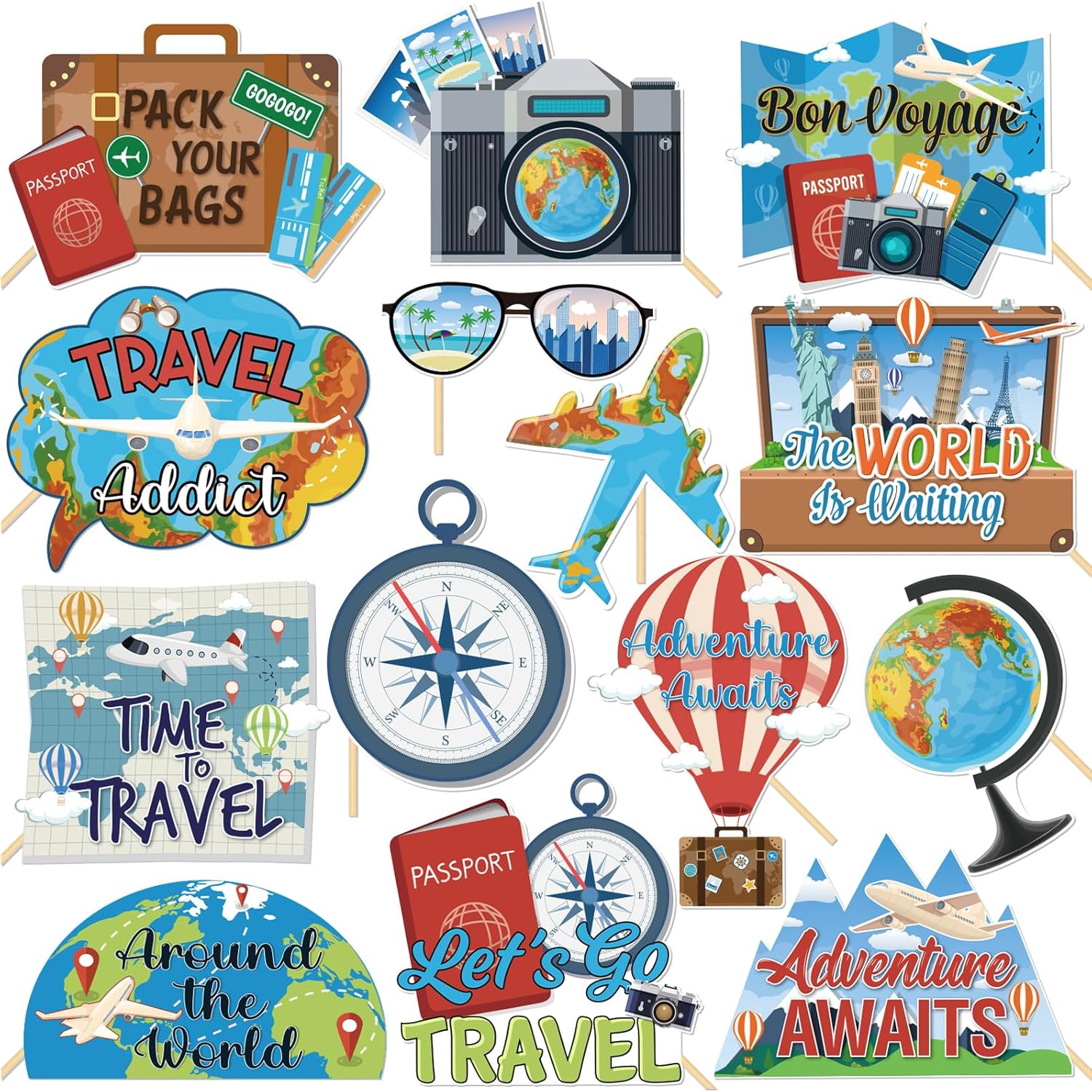 Lot de 14 accessoires de photomaton de voyage – Laissez l&rsquo;aventure commencer – Accessoires de selfie sur le thème du voyage – Fournitures de voyage – Pour voyage, anniversaire, fête prénatale