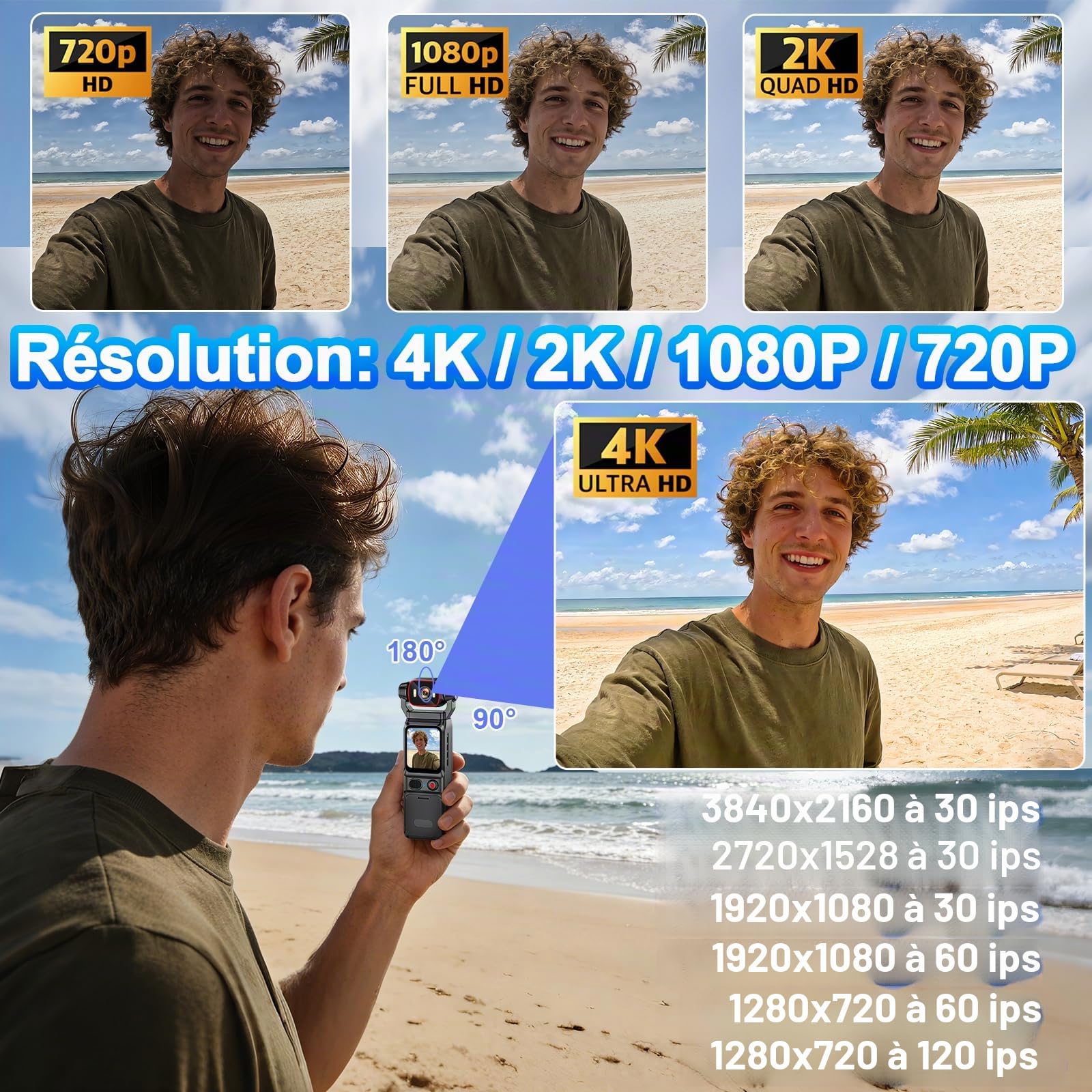 Caméra Vlog 4K Stabilisation 6 Axes WiFi Grand Angle, Moovora | Batterie 5h, objectif orientable 160°, LED intégrée, 256GB SD, écran