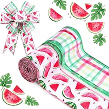 2 Rolls Watermelon Wired Edge Ribbon, 12 Yards Watermelon Pattern Ribbons Red Green Watermelons Decorative Ribbon for Summer Party Decoration Fruit Themed Bow Wreath Making DIY Crafts