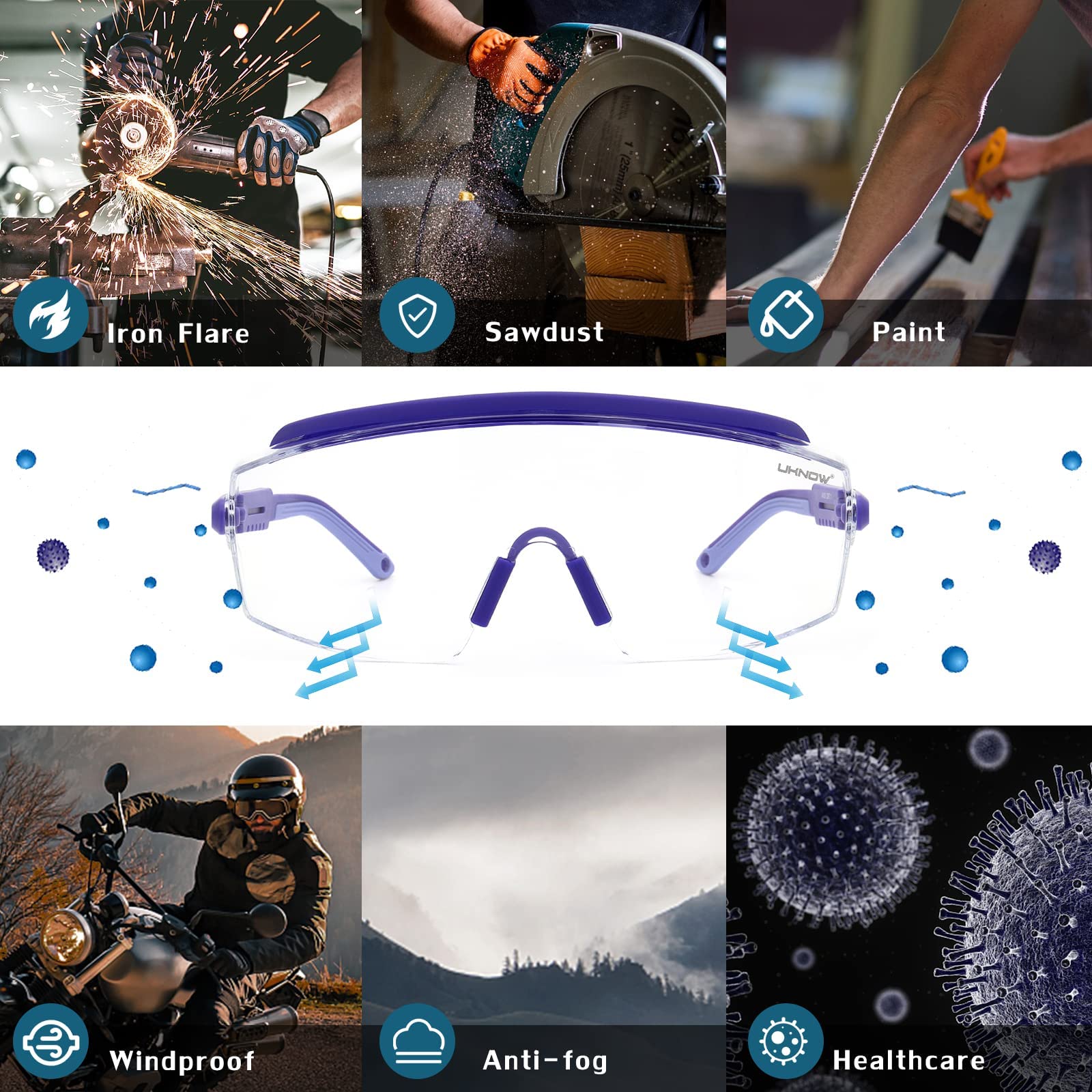 UKNOW Gafas de seguridad sobre gafas, gafas de seguridad antivaho, protección ocular envolvente, gafas protectoras ANSI Z87.1