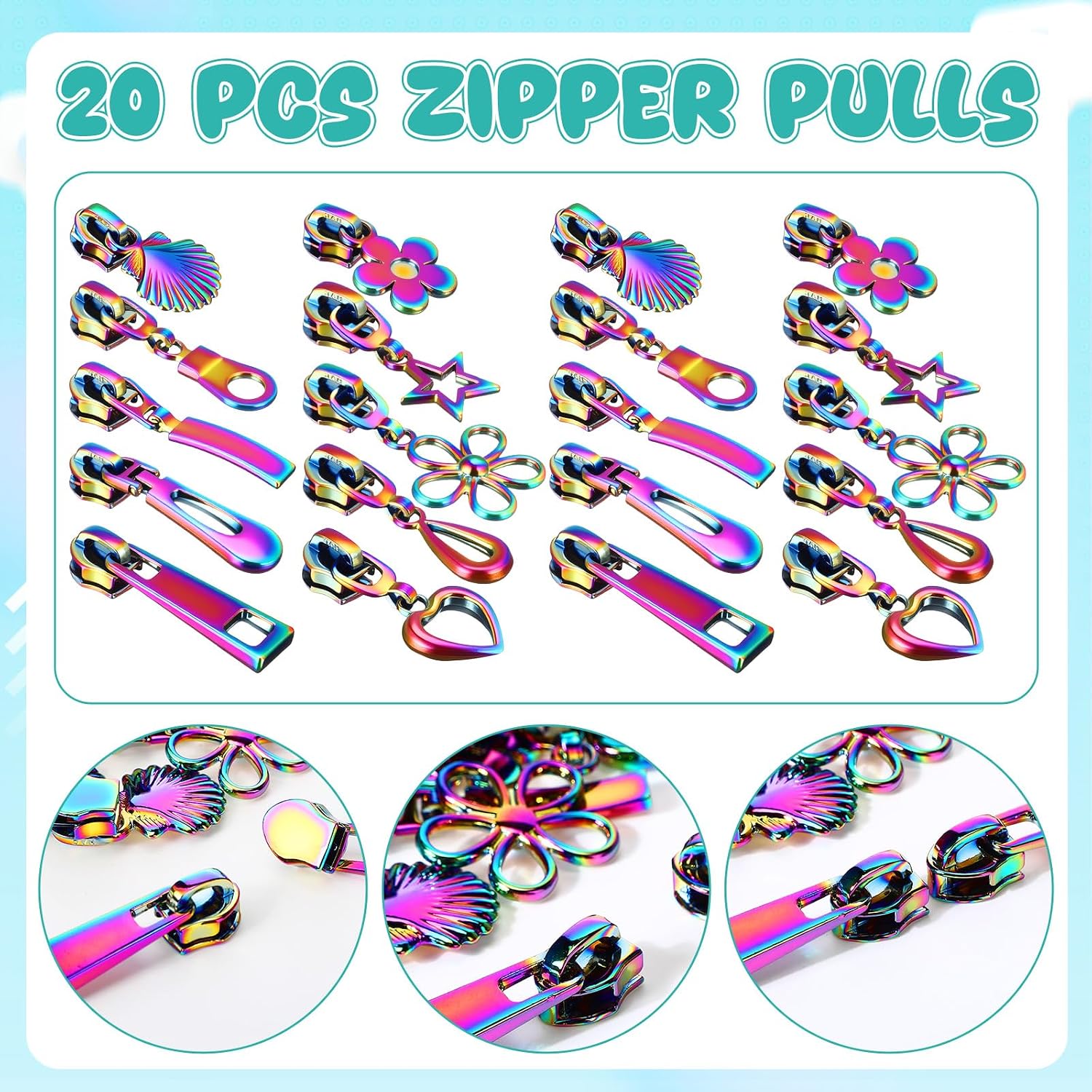Zeyune #5 Rainbow Zipper Tape by the Yard 10 Yards Rainbow Teeth Nylon Zipper with 20 Pcs Colorful Metal Slider Pulls (10 Styles) for DIY Sewing Tailor Crafts (Classic Style,Light Blue)