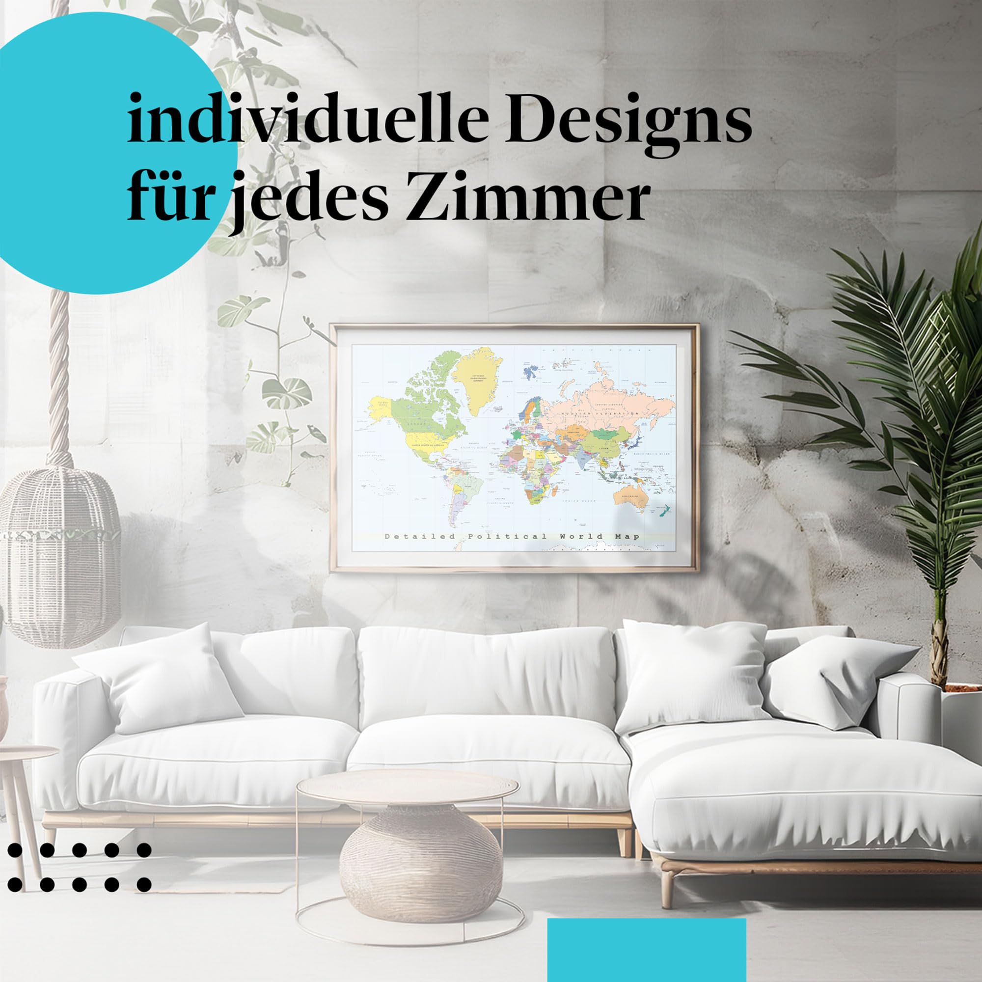 Postereck - 0556 - Detaillierte politische Weltkarte, Hauptstädten - Unterricht Klassenzimmer Schule Wandposter Fotoposter Bilder Wandbild Wandbilder - Leinwand - 75,0 cm x 50,0 cm