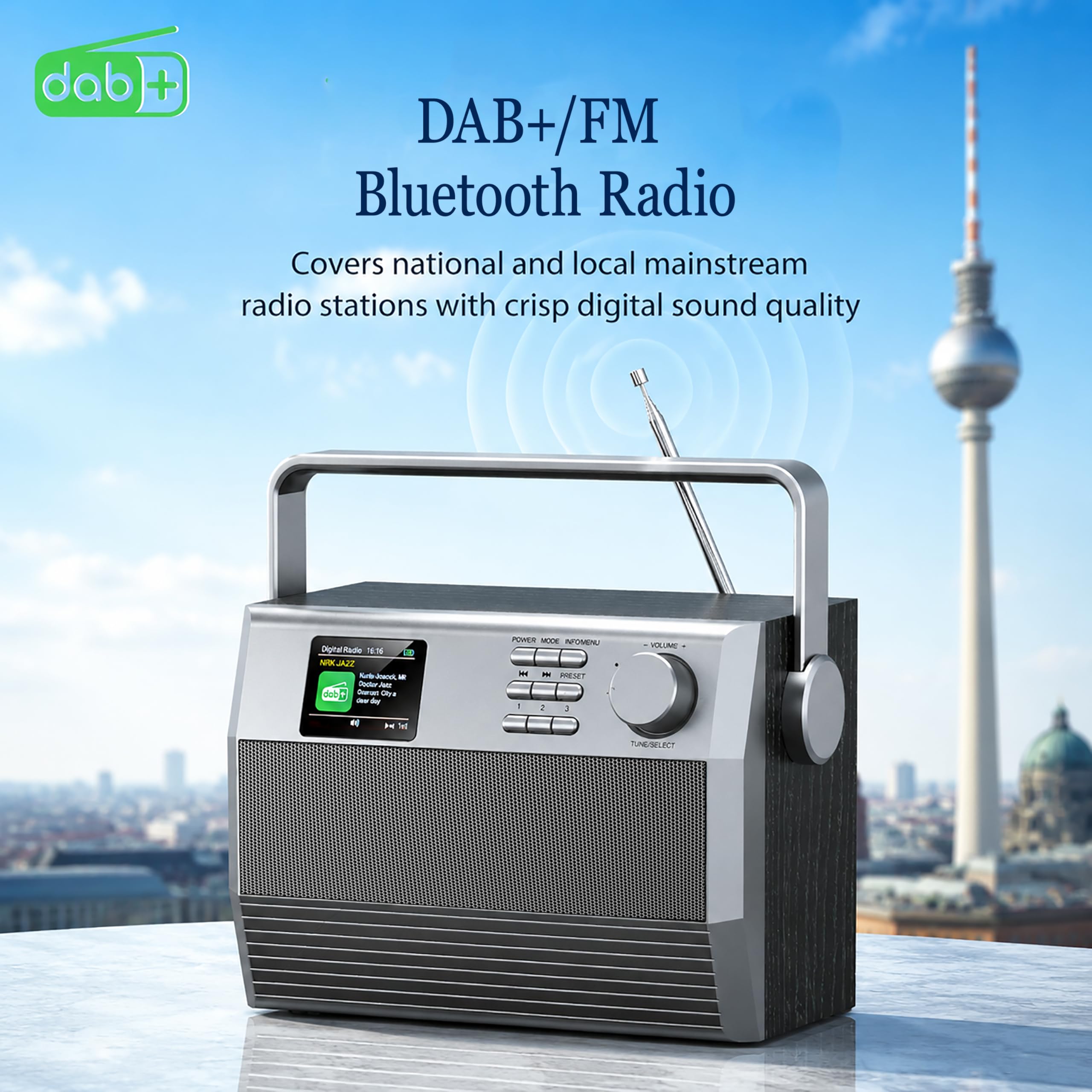 Radio DAB+ in legno Stereo Display Colorati | Legno MDF, Stereo 2x3W, Sveglia dimmerabile, Per camera da letto, USB/TF/AUX, Altoparlante wireless 5.3