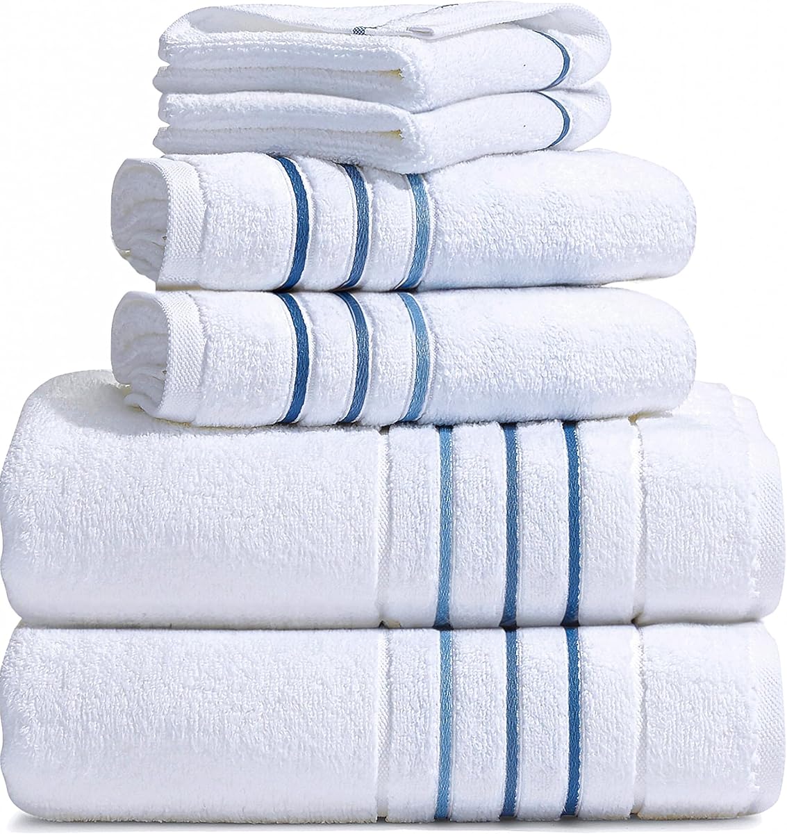 Bath Towel Set_White Towel For Bathroom, Luxury Hotel &Spa Quality, 100% Cotton .Includes 2 Large Bath Towels, 2 Hand Towels and 2 Washcloths.Super Soft, Absorbent & Decorative (White/Azure Blue)