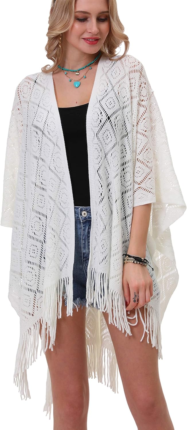 Knit Shawl Wrap for Women - Soul Young Ladies Fringe Knitted Poncho Cardigan Cape - Image 2