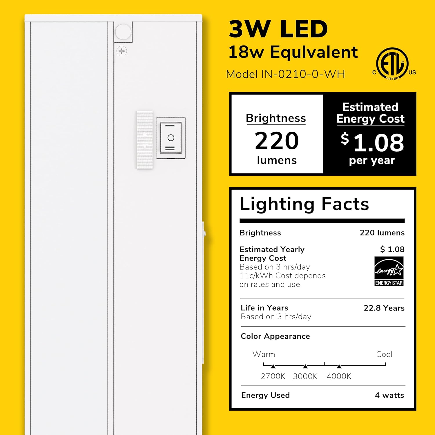 9-Inch White Aluminum Dimmable LED Under Cabinet Light