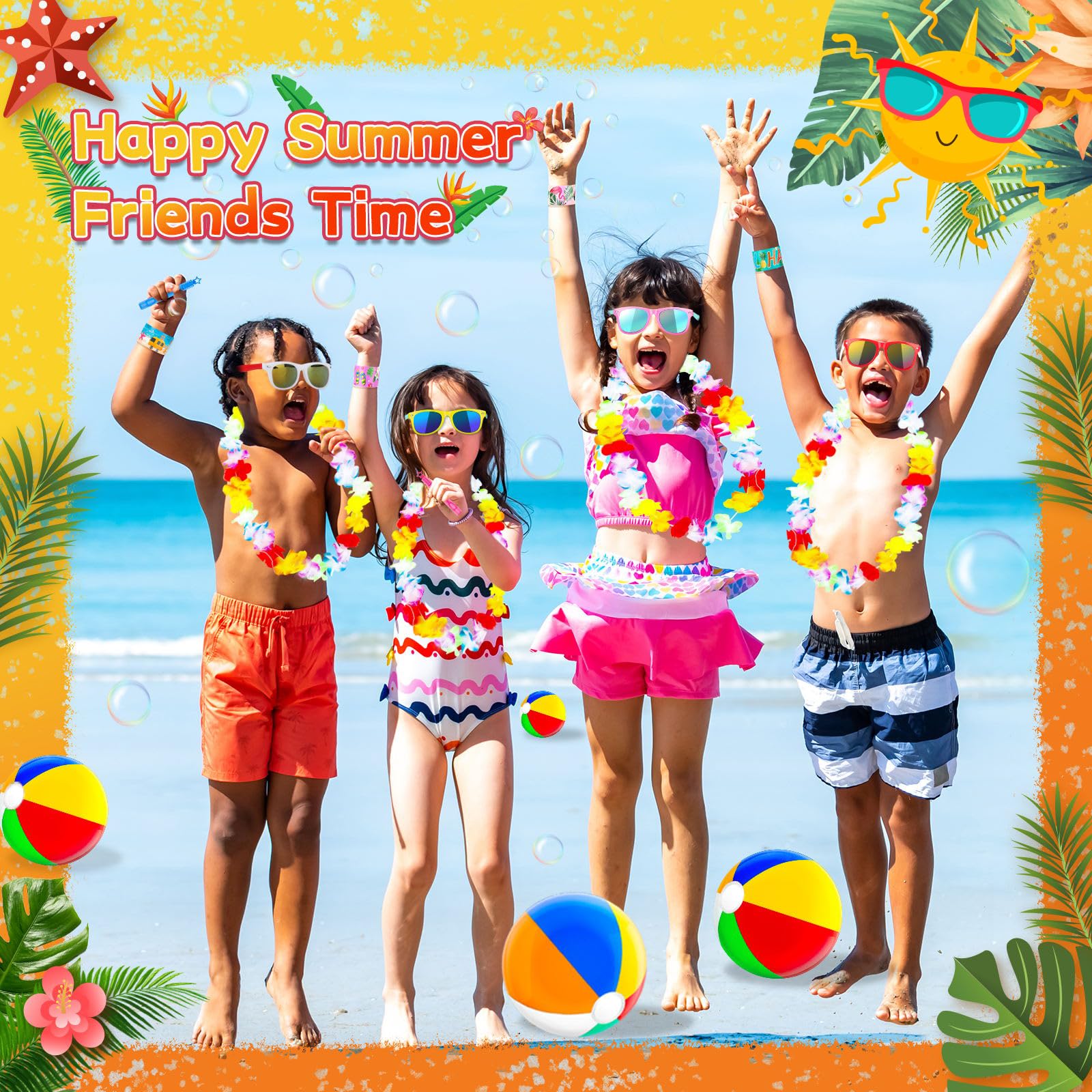 Hogesa Summer Pool Beach Party Favors,60PCS Kids Toys for Birthday Party Supplies,Pool Beach Toys for Kids,Hawaiian Leis for Luau Party Decorations,Beach Ball,Kids Sunglasses,Bubble Wands