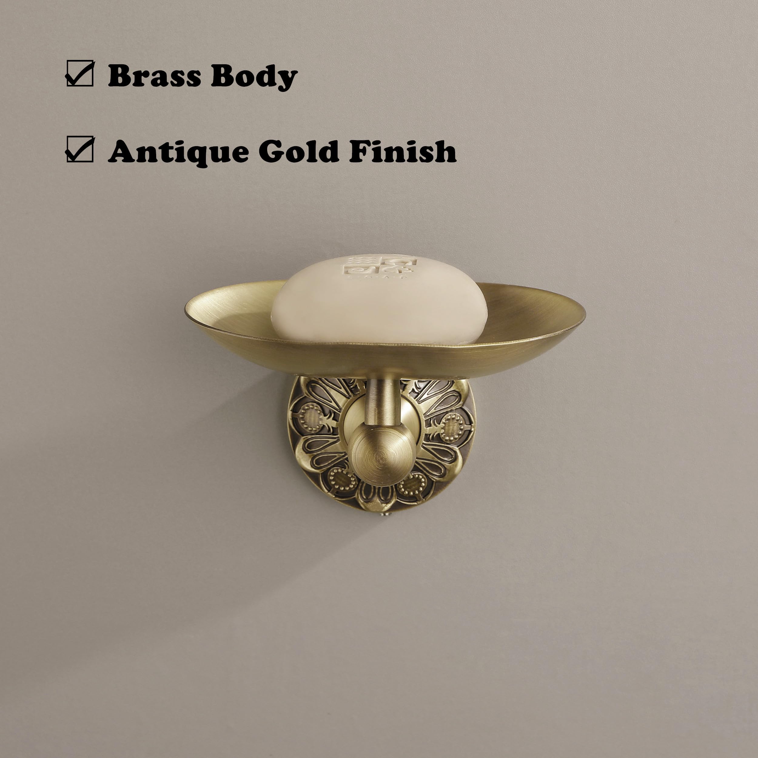 Badezimmer Seifenschale Wandmontage Bar Seifenhalter für Dusche Seifenschale mit Ablauf, Kleber oder Schraubbefestigung, Antik Gold Blütenblatt Serie, Vintage Messing