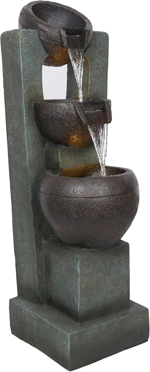 Alpine Corporation TZL400 34" 3 Tier Basin Cascading Fountain with LED Lights, Elegant Outdoor Water Feature for Garden, Patio, Yard & Outdoor Spaces, Relaxing Waterfall Fountain, Gray