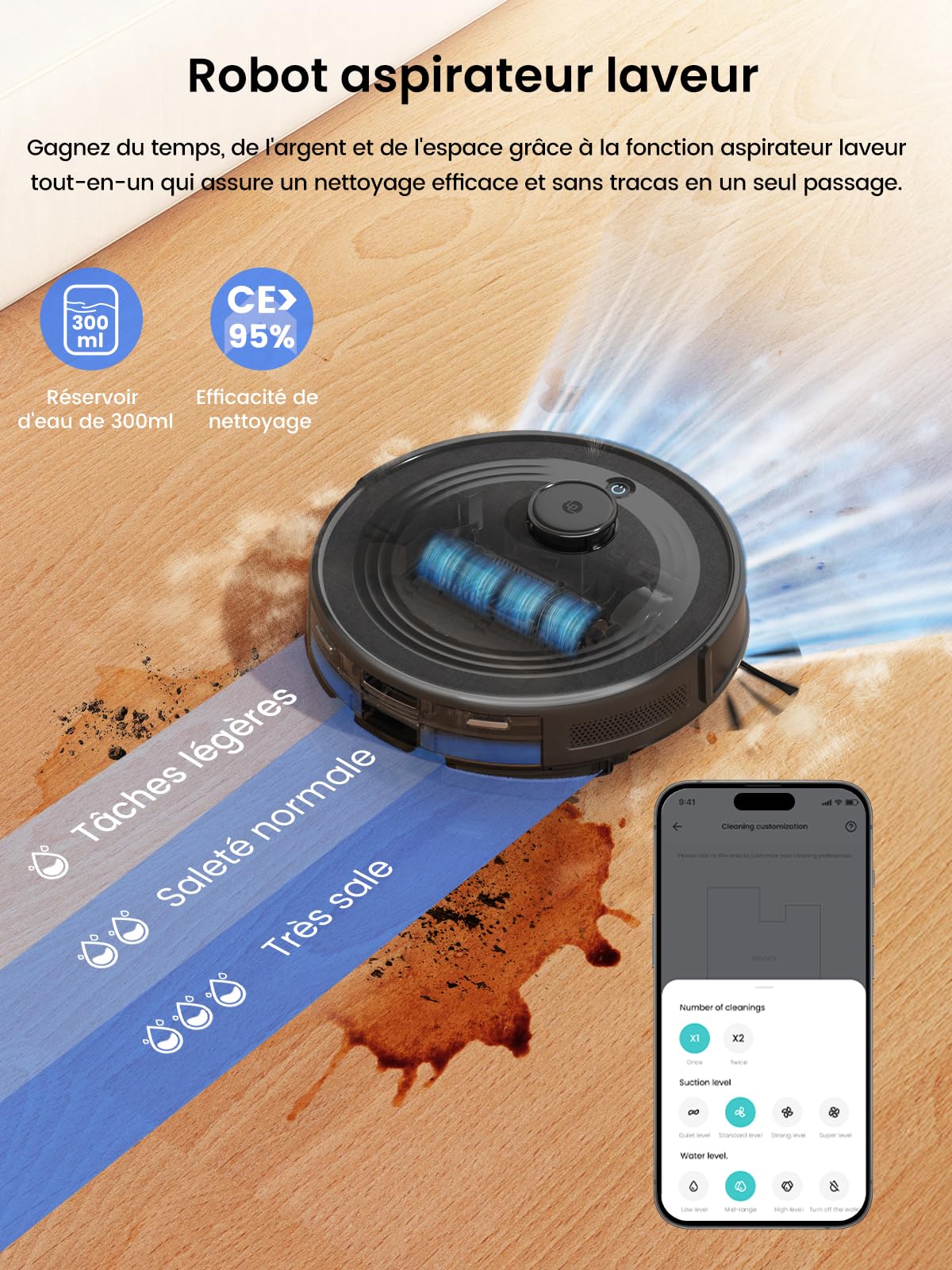 Lefant M2 Pro Robot Aspirateur Laveur 6000Pa avec Station Vidage Automatique Poussière,Navigation Laser avec Cartographie,Nettoyage Personnalisé, Évitement d'obstacles PSD, Idéal pour Poils d'animaux