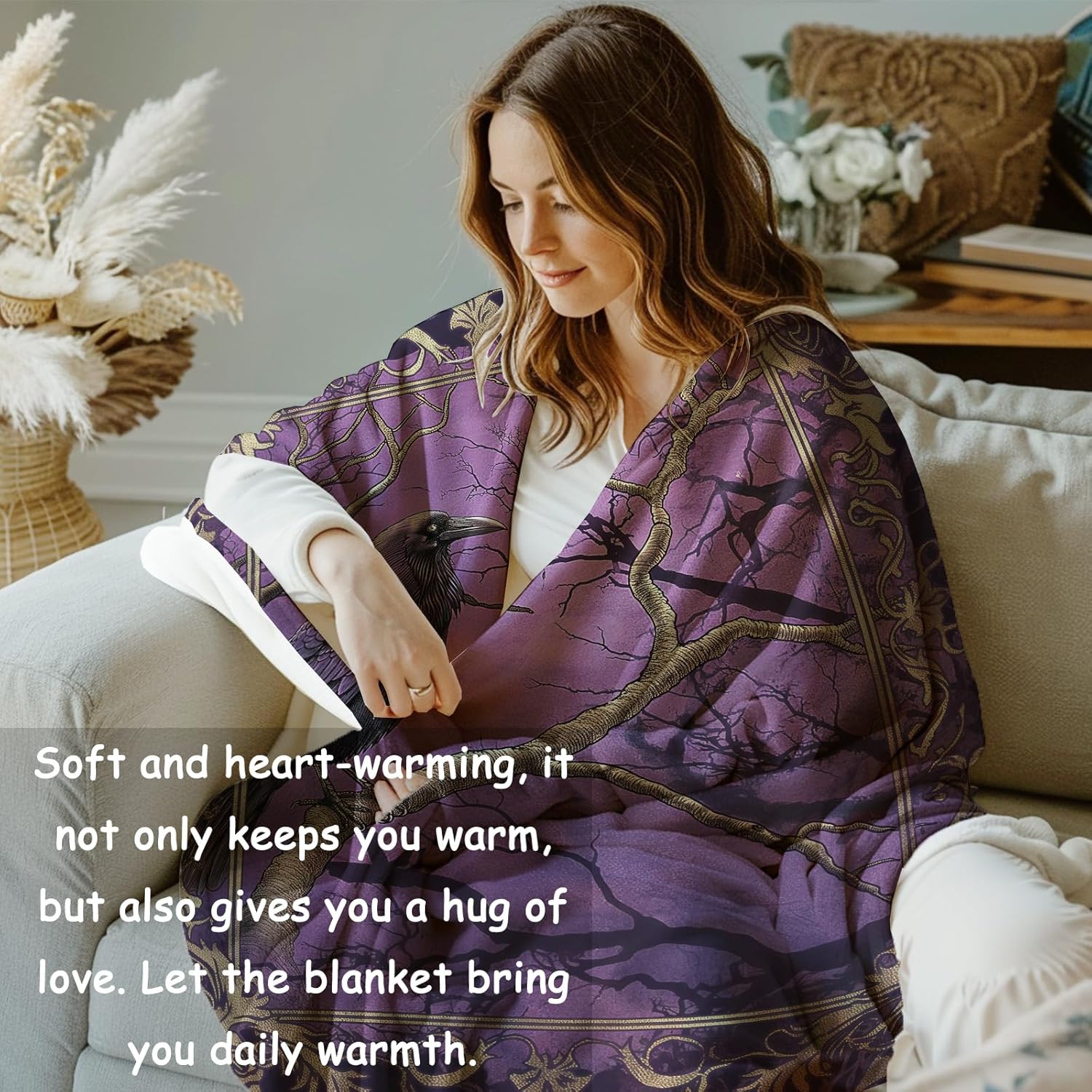 Gothic Raven Fleece Blanket Gifts for Adults and Teens, Dark Fantasy Art Cozy Throw Blanket, Soft Warm Plush Blanket with Intricate Frame Design for Home Halloween Decor, 50x60 inches - Image 6