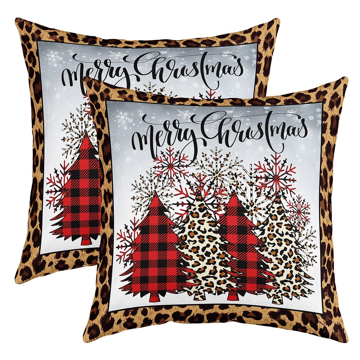 Manfei Merry Christmas Pillow Cover Leopard Print African Animal Skin Decorative Square Cushion Cover Xmas Tree Snowflake Plant Cushion Case for Party Housewarming Office RV, 2 Pack 16"x16" — image 1