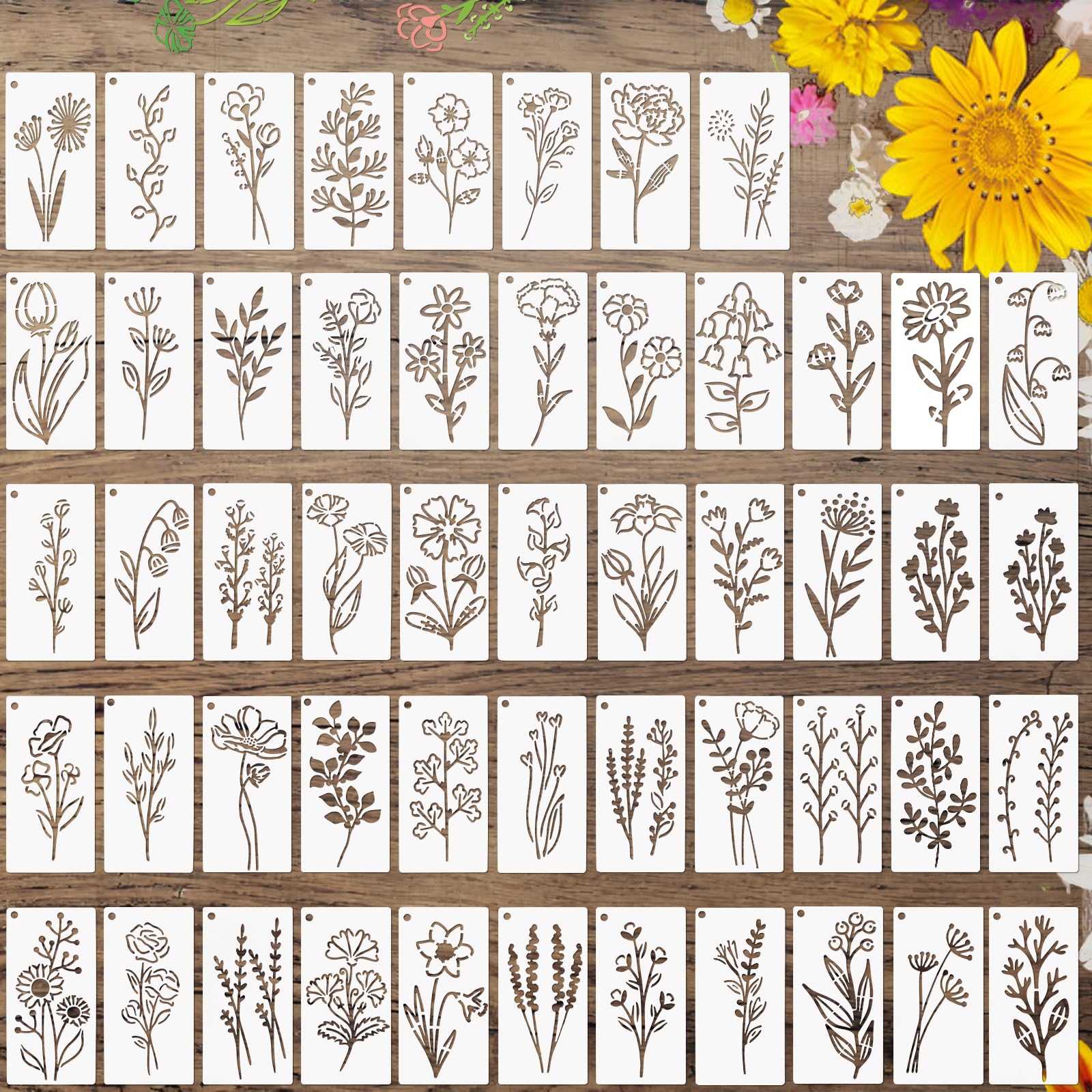 DIYASY 52 Pcs Wildflower Stencils for Painting, Reusable Flower Leaf Stencils Plastic DIY Craft Drawing Templates Set for Wall Paper Canvas Home Decor