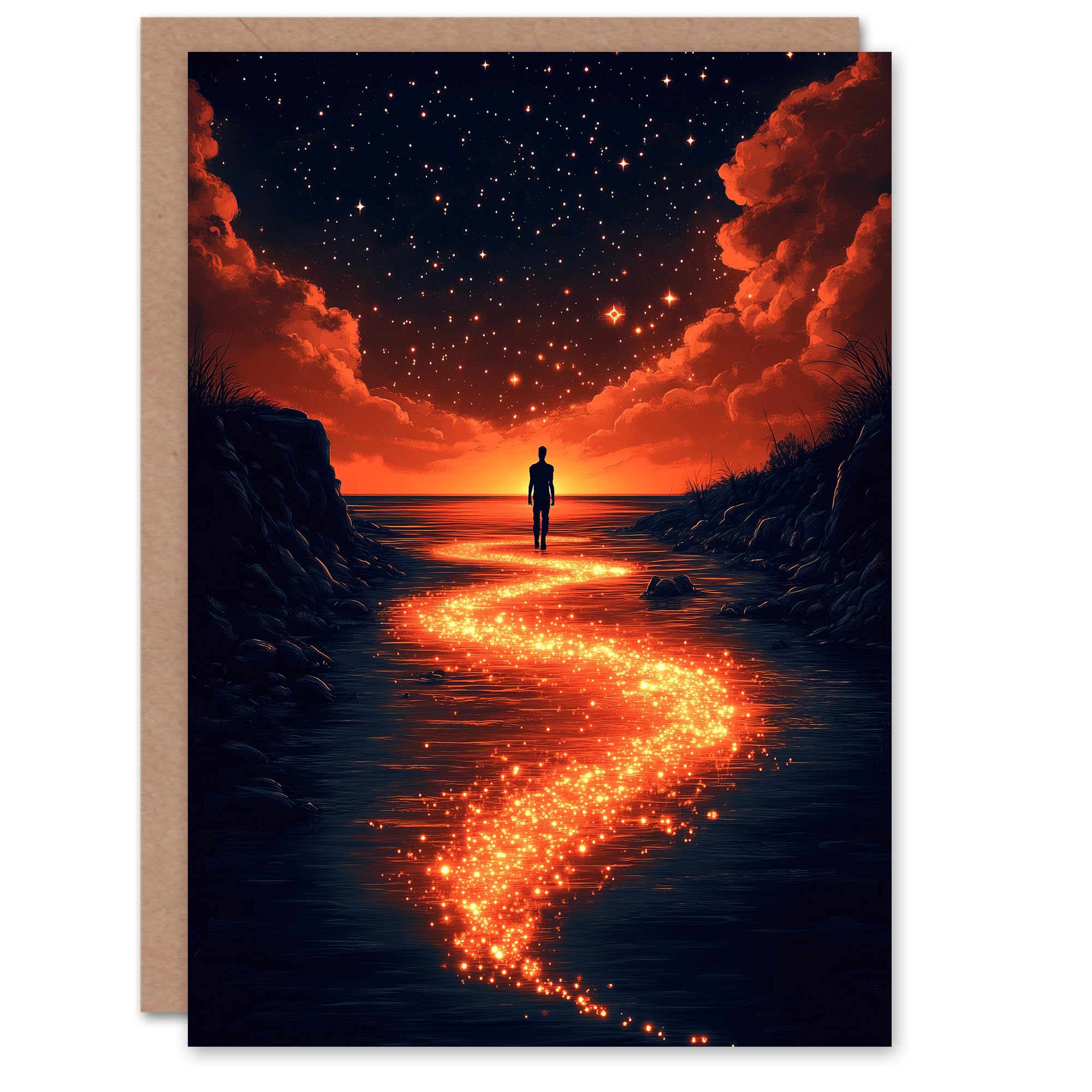 Artery8 Greeting Card Follow The Stars Sunset Clouds Surreal Dreamscape Blank For Him Or Her Art Birthday Card