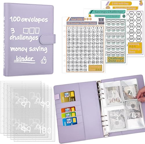 Miniatura 8 de Antner Carpeta de desafíos de ahorro de dinero con 100 sobres, libro de desafíos de ahorro con sobres y 3 rastreadores de desafíos para ahorrar