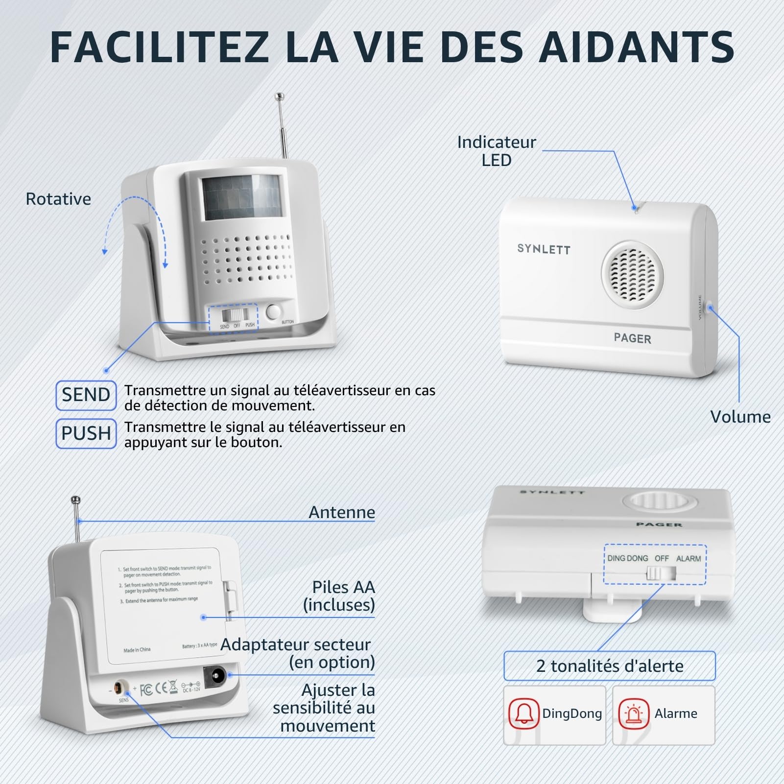 Alarme de lit avec Bip aidant et 2 détecteurs sans Fil