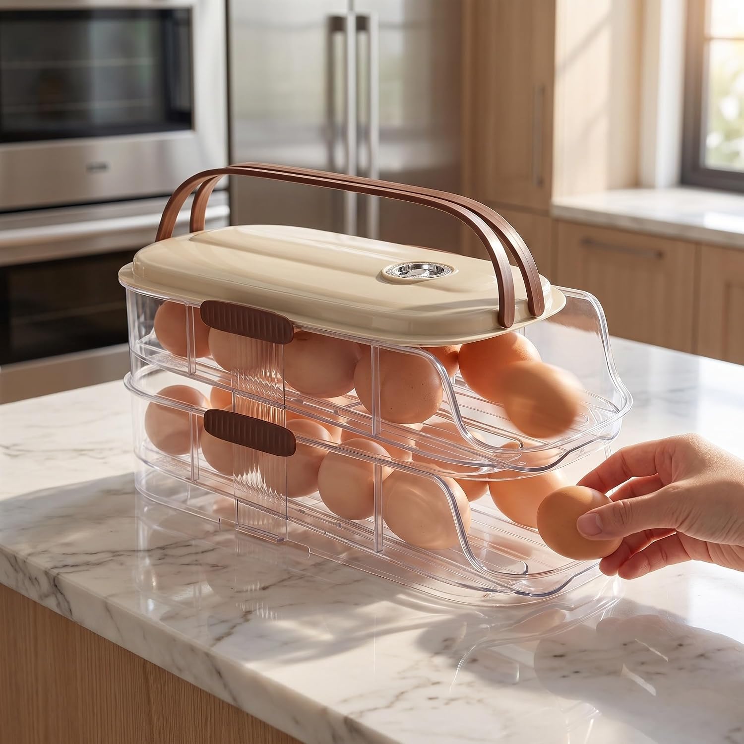 Refrigerator Egg Holder with Lid and Handle, 2 Tier Plastic Rack