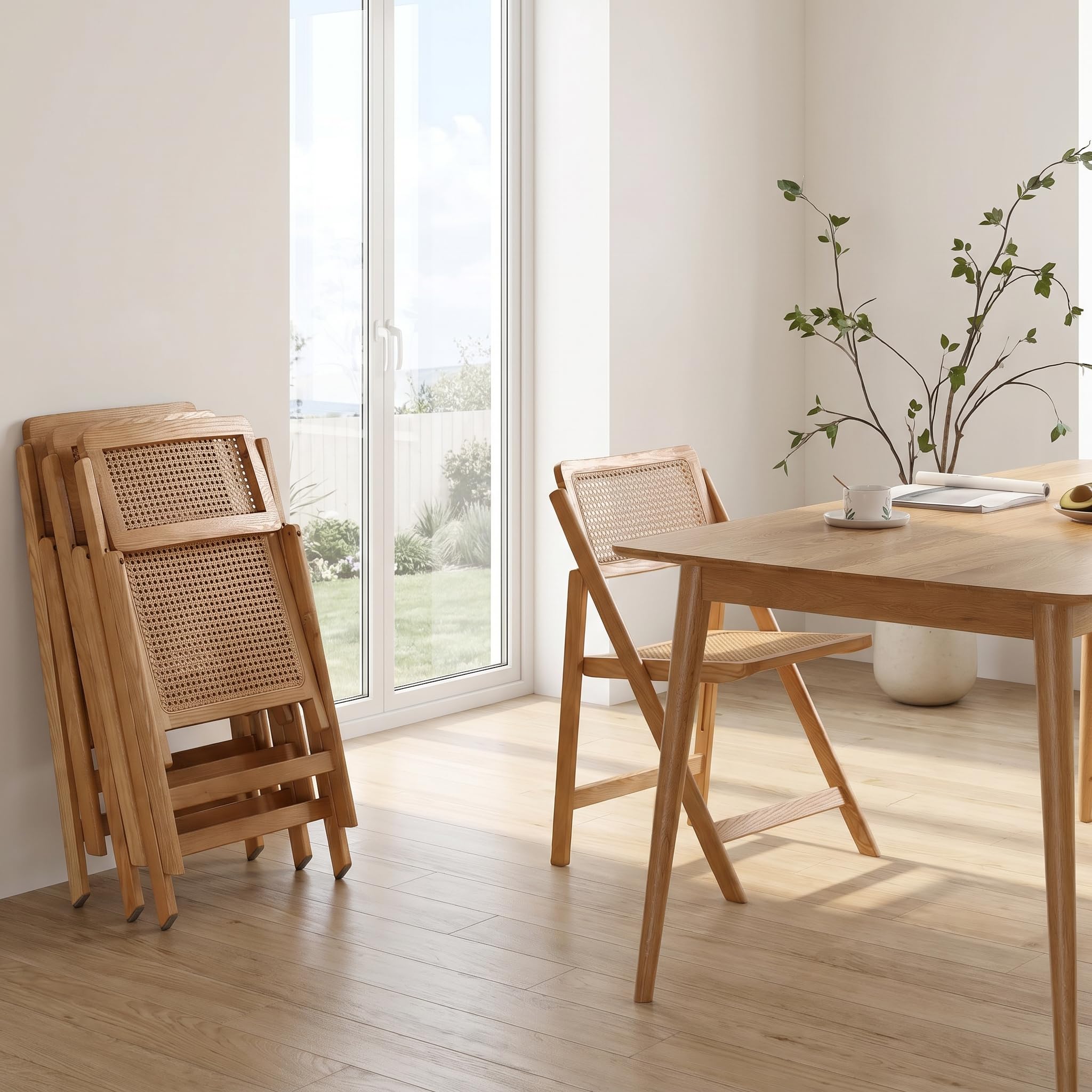 FSC® Klappstuhl aus Holz und Wiener Geflecht/Holzstuhl mit Rattan/Holzklappstuhl für Esszimmer/Campingstuhl| Natural Farbe