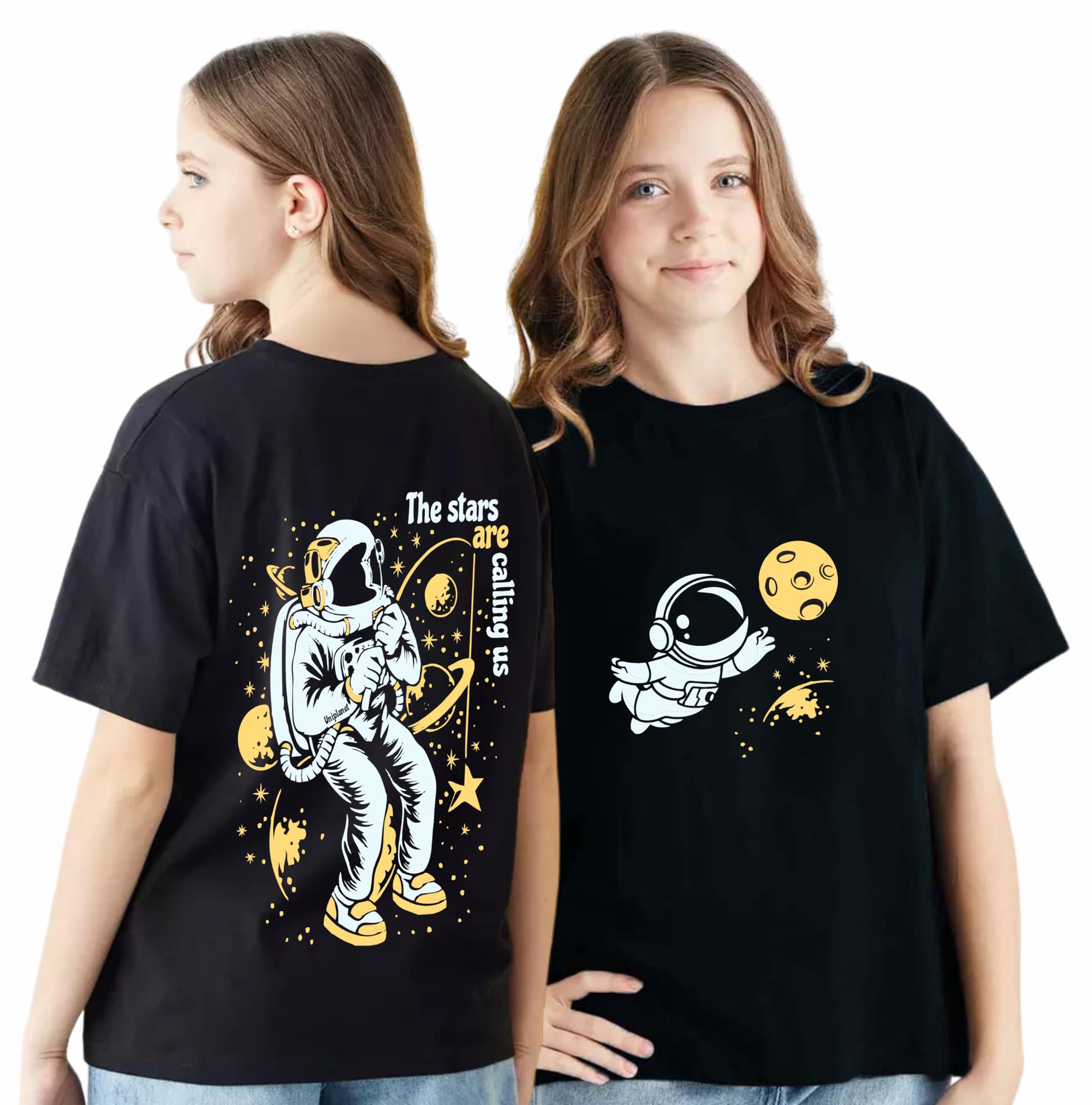 Uniplanet Store Girl's Cotton Blend T-Shirts with Space Theme Pattern Regular Fit Standard Length Half Sleeves and Round Neck