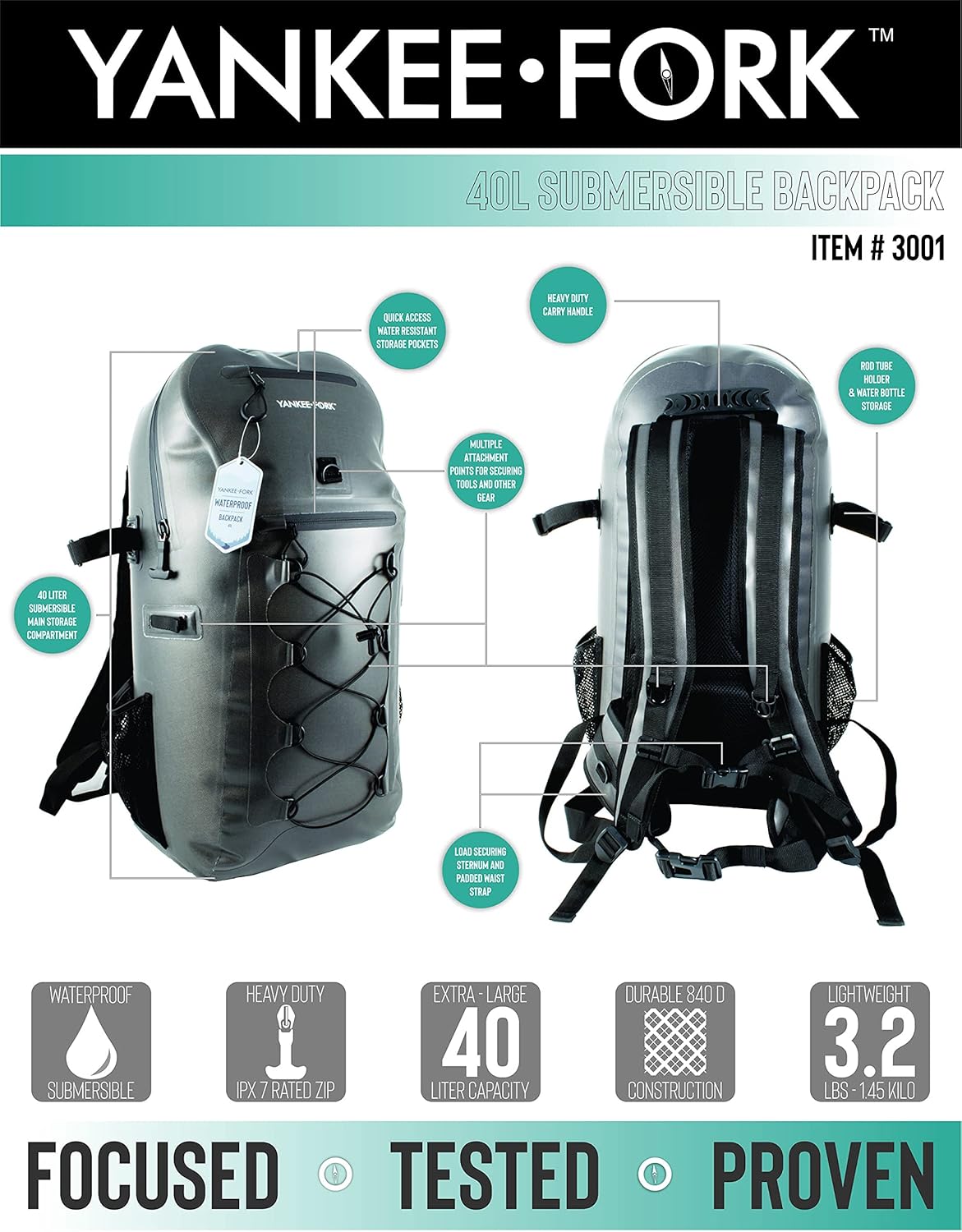 Submersible Backpack - Complete Waterproof Protection - 40 Liter Capacity - 3.2 lbs