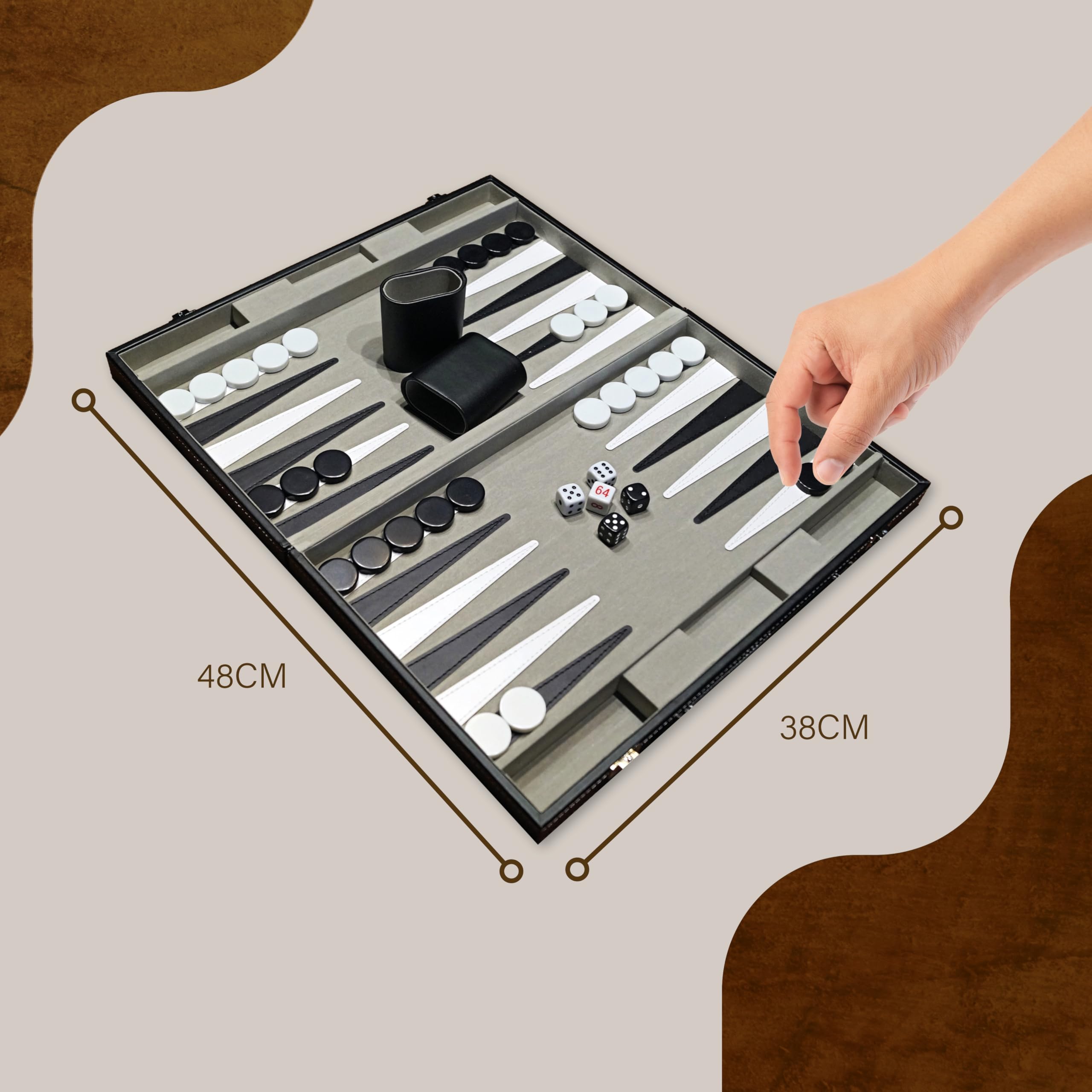 Attaché Koffer Backgammon Spiel - Edles Kunstleder Backgammon-Set mit feinem Filz Innenbezug - 48 x 38 cm groß - inkl. Würfelbechern
