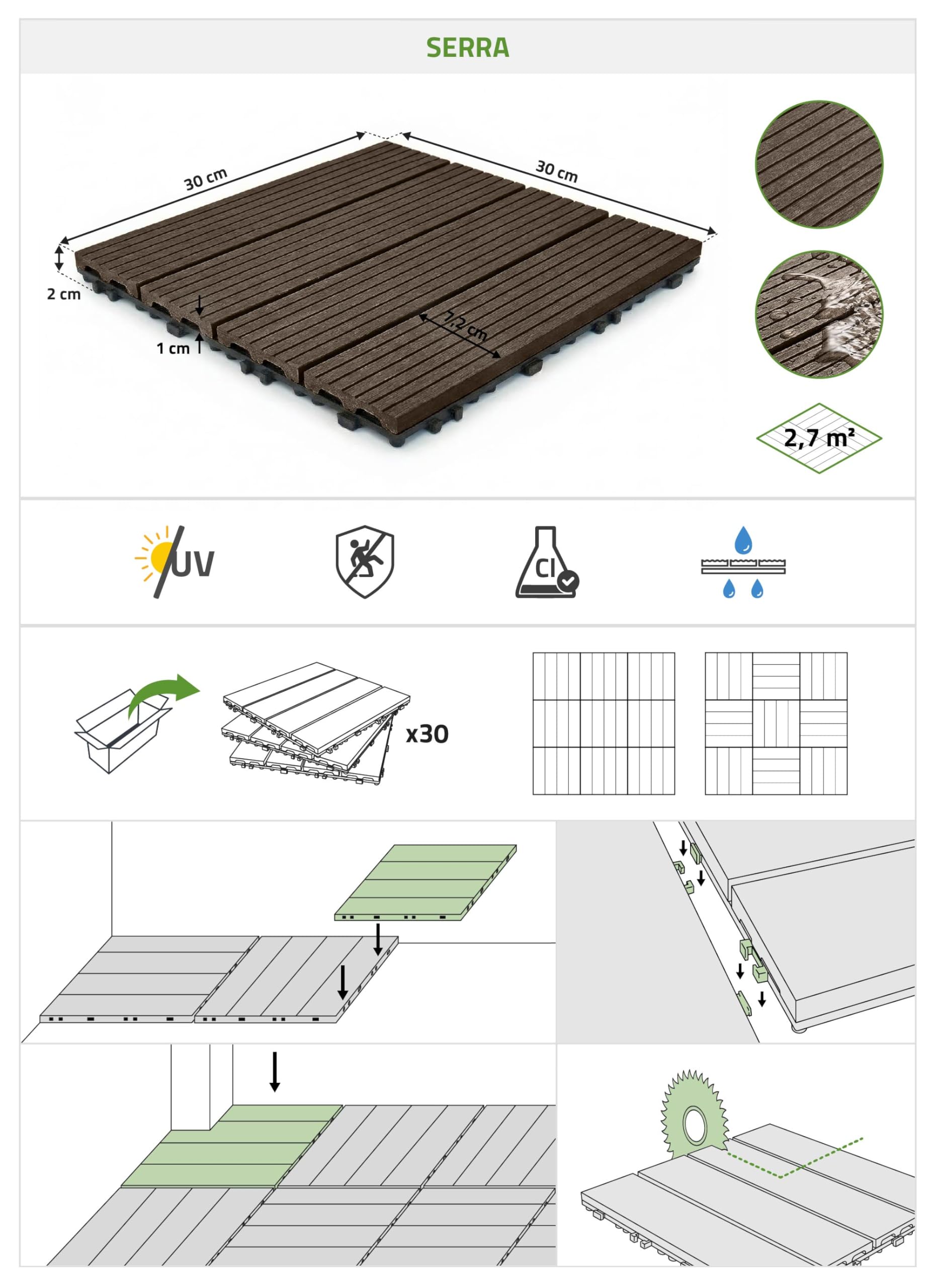 Casanoov Lot de 30 dalles clipsables terrasse en composite SERRA marron rainuré 30x30cm