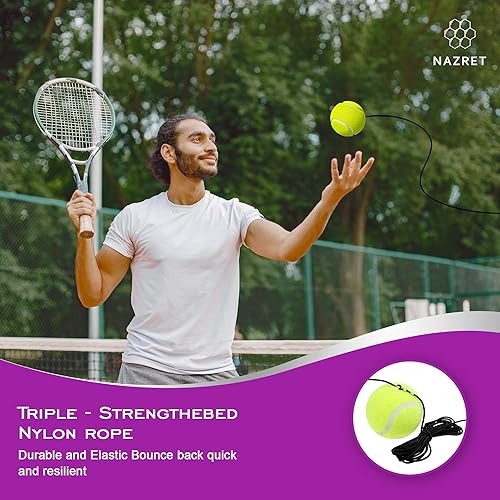 Miniatura 5 de NAZRET - Juego de entrenamiento de tenis rebotador, equipo de práctica de entrenador de tenis solo con diadema, pulseras, bolsa con cordón, 3 bolas,