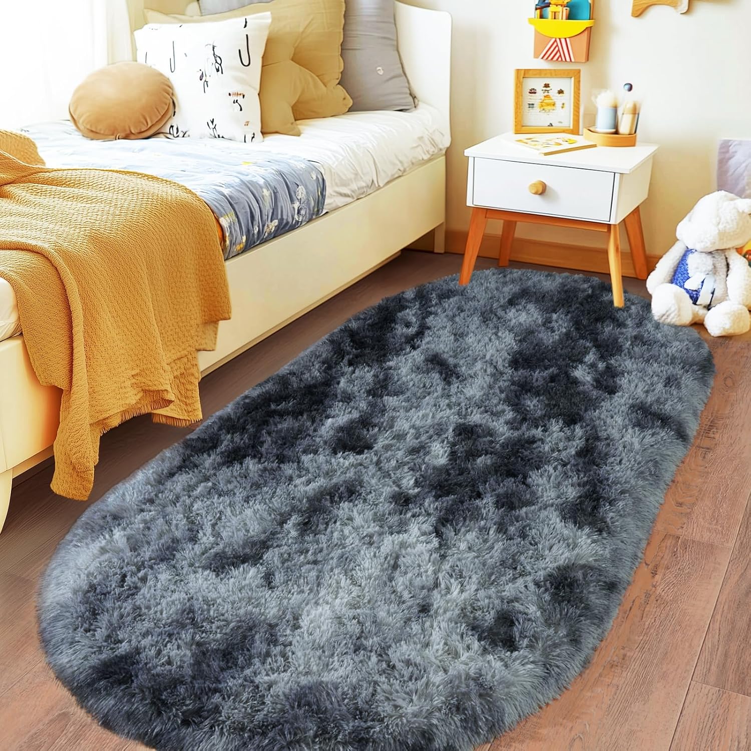 fluffy oval rug for bedroom 2.6'x5.3', shag area rug for bedside, ultra soft cute plush carpet for living room girls boys room nursery teens dorm home decor, blue grey 2.6' x 5.3' (oval) tie dye blue grey