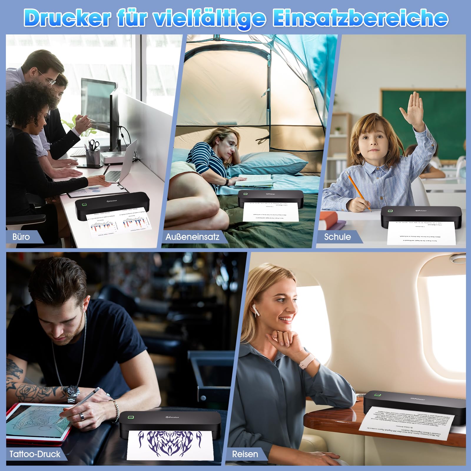 Pristar D210 Thermodrucker A4, Tragbarer Drucker Kompatibel mit iOS/Android und Laptops, Mobiler Drucker A4 für Unterwegs, Büro, Auto, Schule, Zuhause, Bluetooth Thermodrucker Tattoo, Schwarz