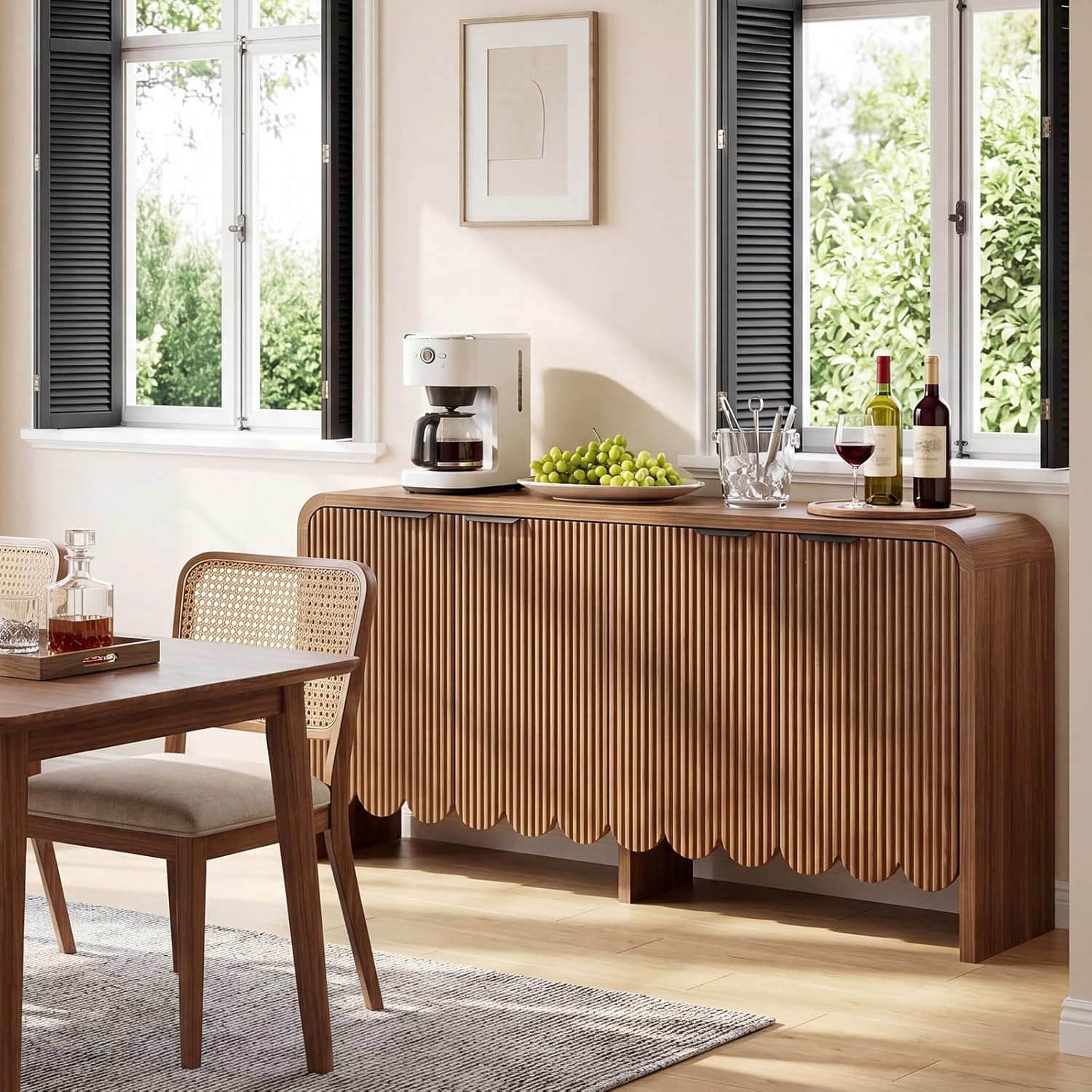 Walnut Sideboard Buffet Cabinet, Wood Storage Credeza with 4 Doors and Adjustable Shelves, Mid-Century Console Cabinet for Living Room, Kitchen, Hallway, Entrway