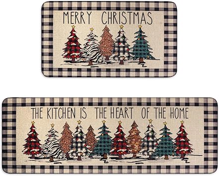 Buffalo Plaid Christmas Tree Merry Christmas Kitchen Mats Set of 2, Xmas Winter Home Decor Low-Profile Kitchen Rugs for Floor,Christmas Kitchen Mats for Floor 17x30+ 17x47 Inch