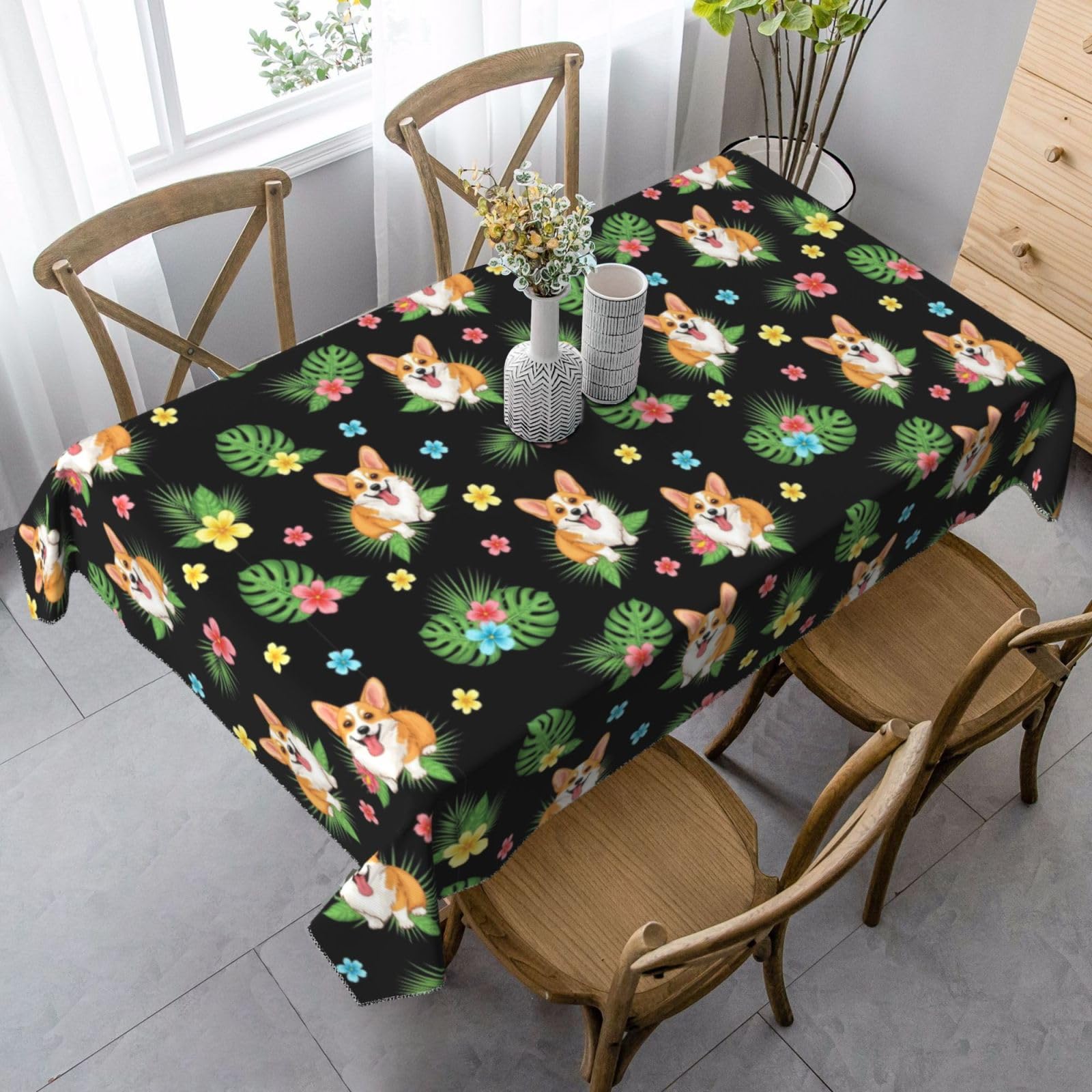 Nappe Adorable Corgi Feuilles Tropicales Pivoines 137X183 Housse Table Banquet Jardin