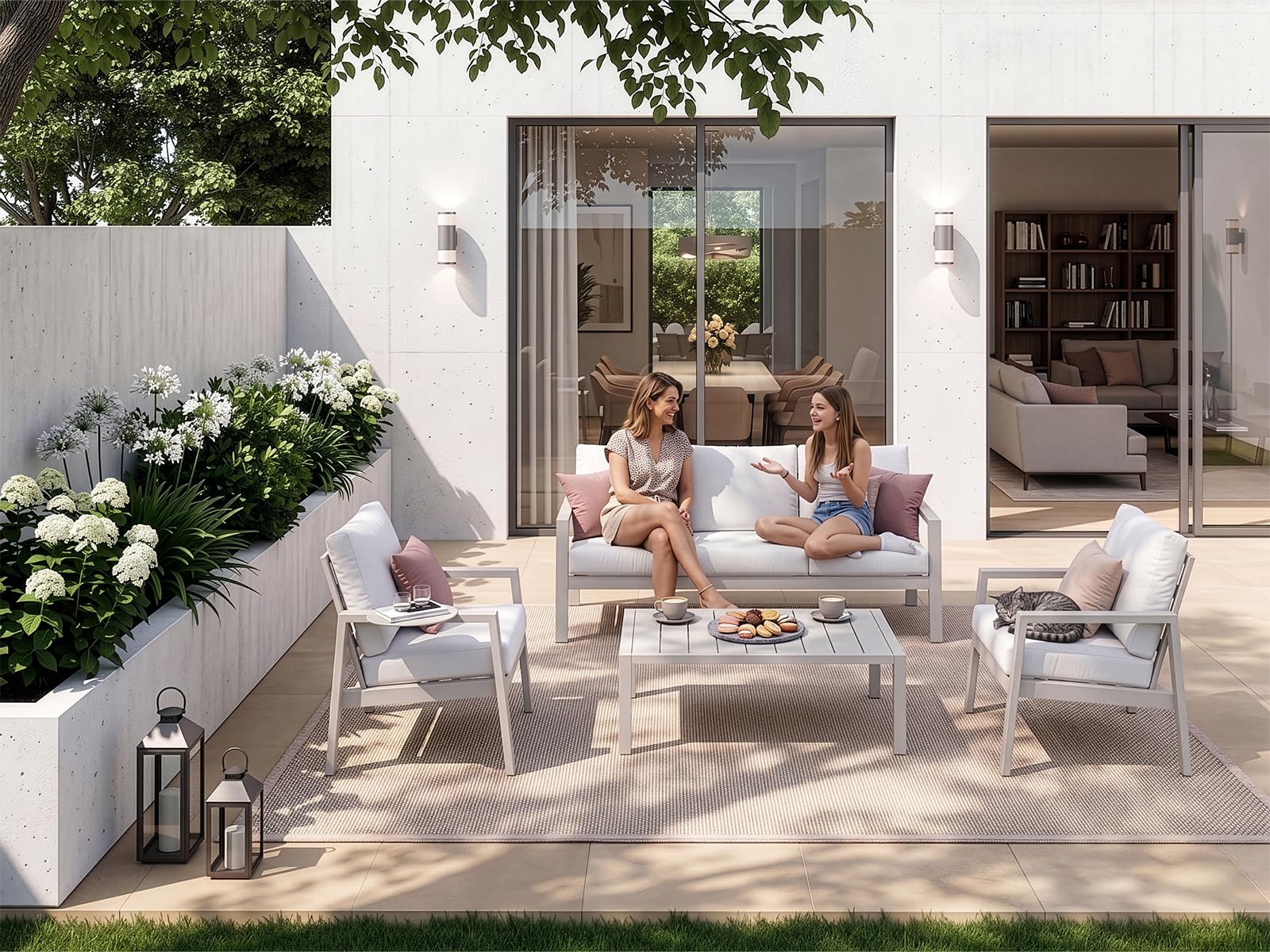 Home Collective Gartenmöbel Set Lounge Möbel Outdoor Outdoormöbel | 4-teilig | 3-Sitzer Sofa 2 Stühle 1 Tisch | abziehbare Kissen Metallgestell | Möbel Garten Terrasse Balkon | Weiß
