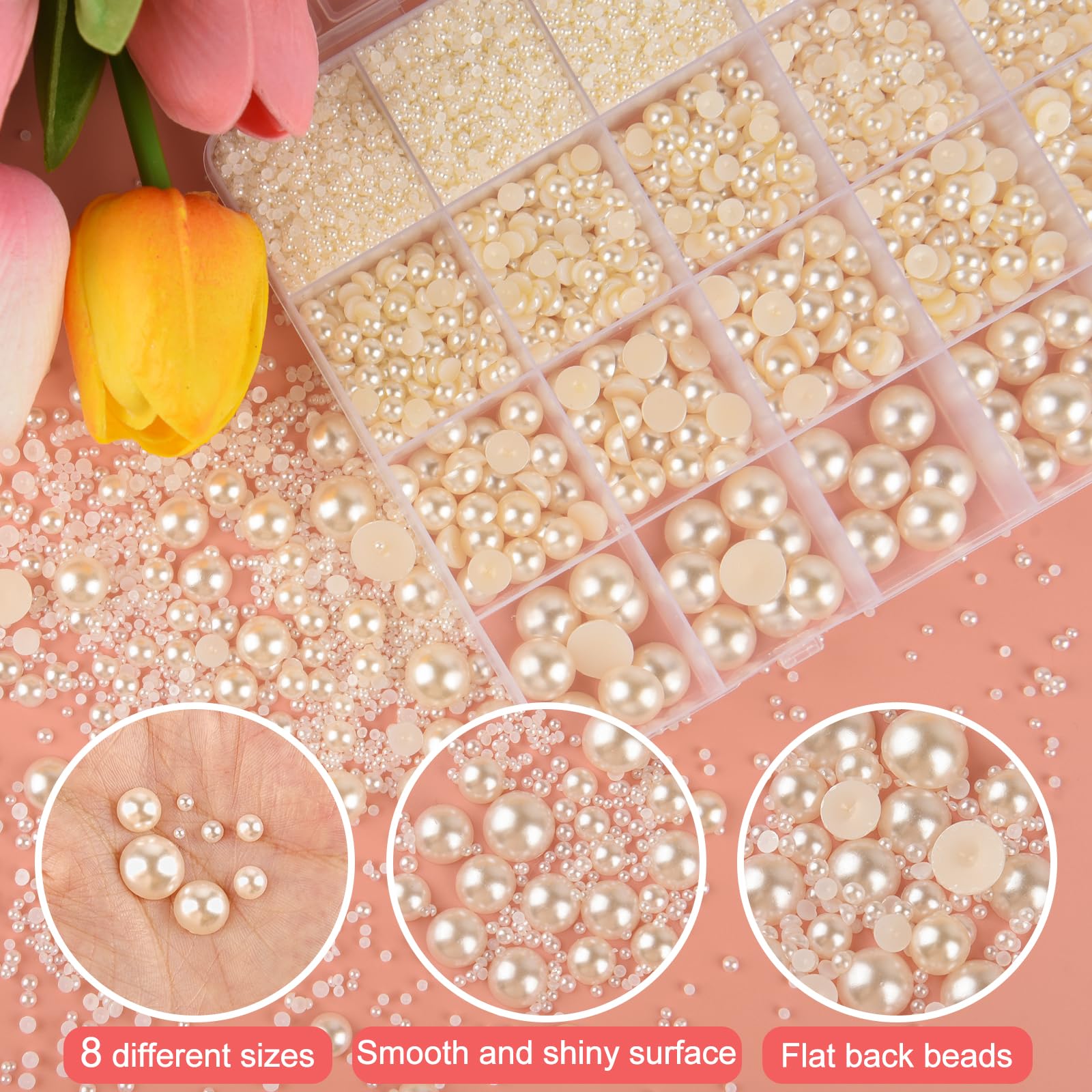 NEBURORA 13000 Stuks Ivoorwitte Parelset Met Platte Achterkant - 8 Maten + Pincet & Picker Voor DIY Ambachten