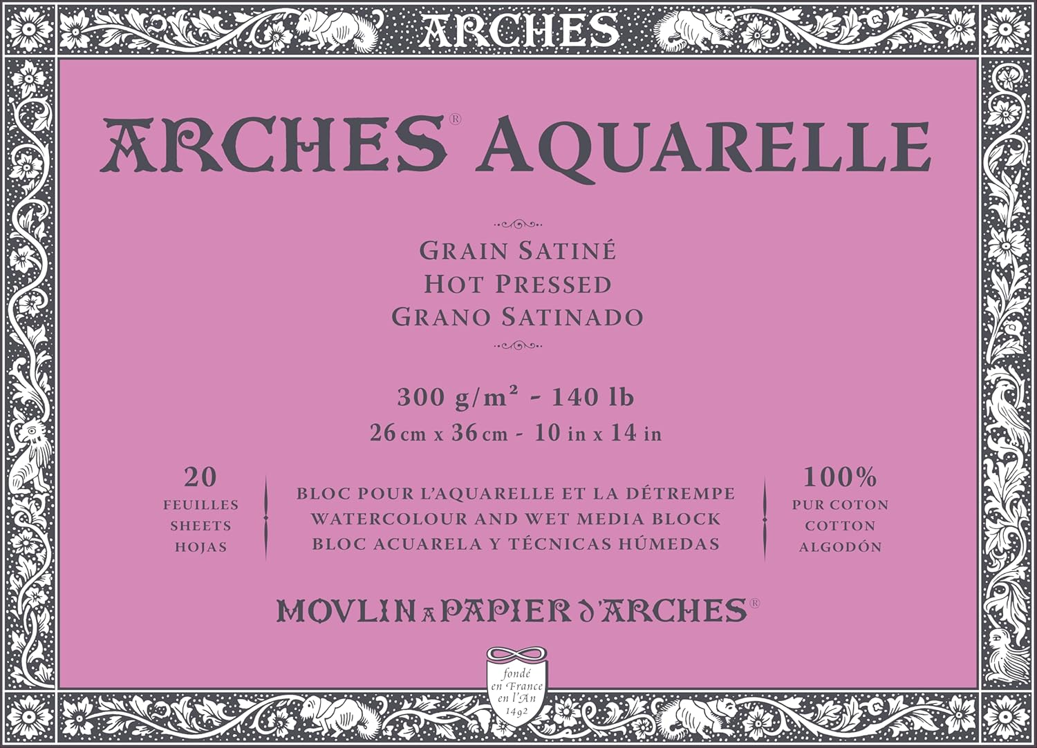 Arches Aquarelle 100% Satin 300g Glued Pad 4L 26x36 20 Sheets Natural White