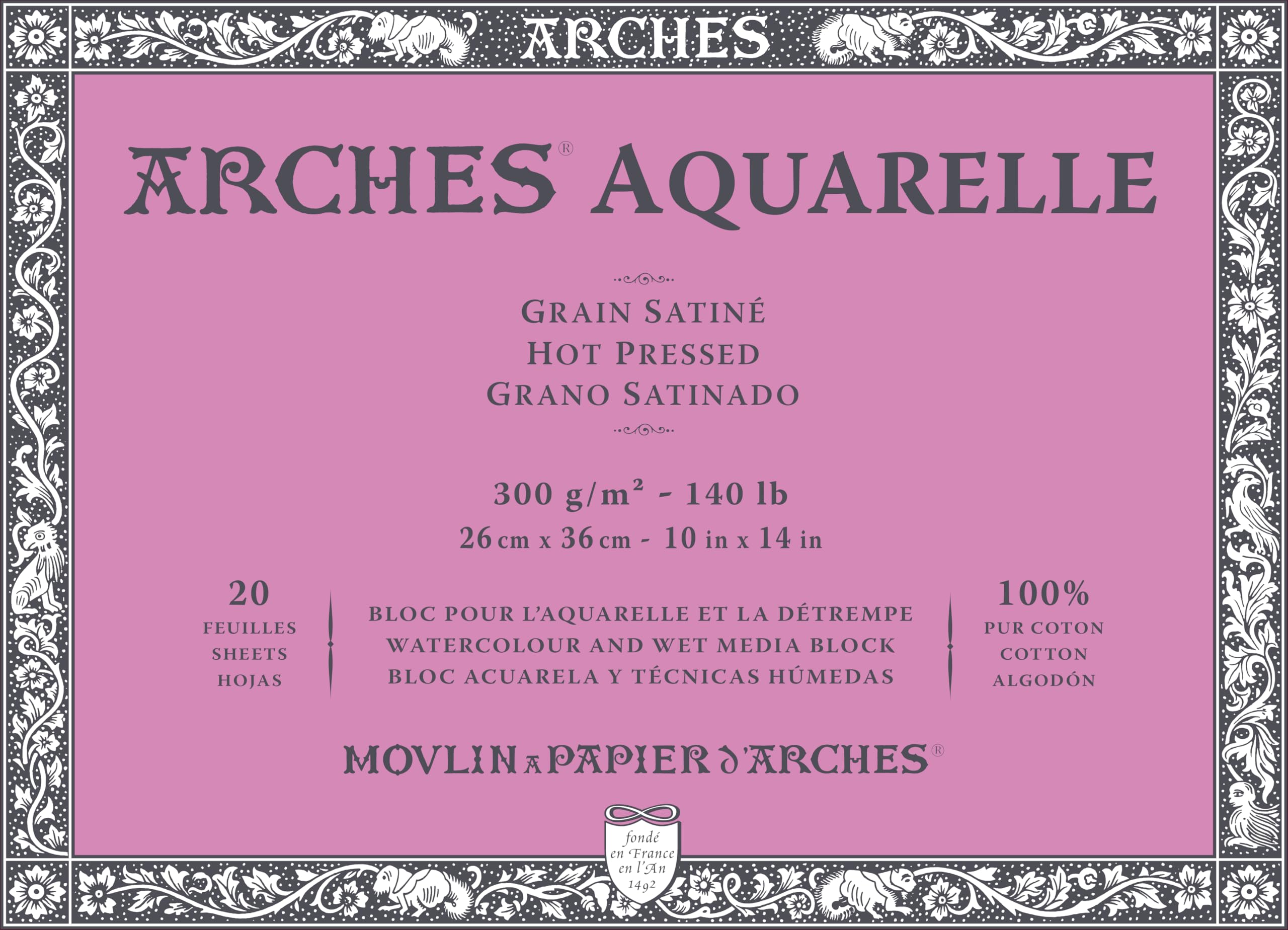ARCHES Aquarelle - Bloc 20 feuilles 26x36 collé 4 côtés - 300g/m² - grain satiné, blanc naturel, 4 bords francs
