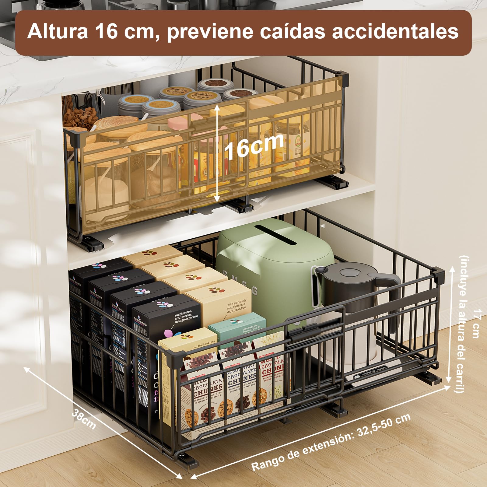 2 Piezas Cajones Extraibles para Cocina Bandeja Extraible Armario cajon Telescopico Cocina,Ancho Ajustable 32.5-50cm,Para Almacenaje y Organizador en Hogar Negro