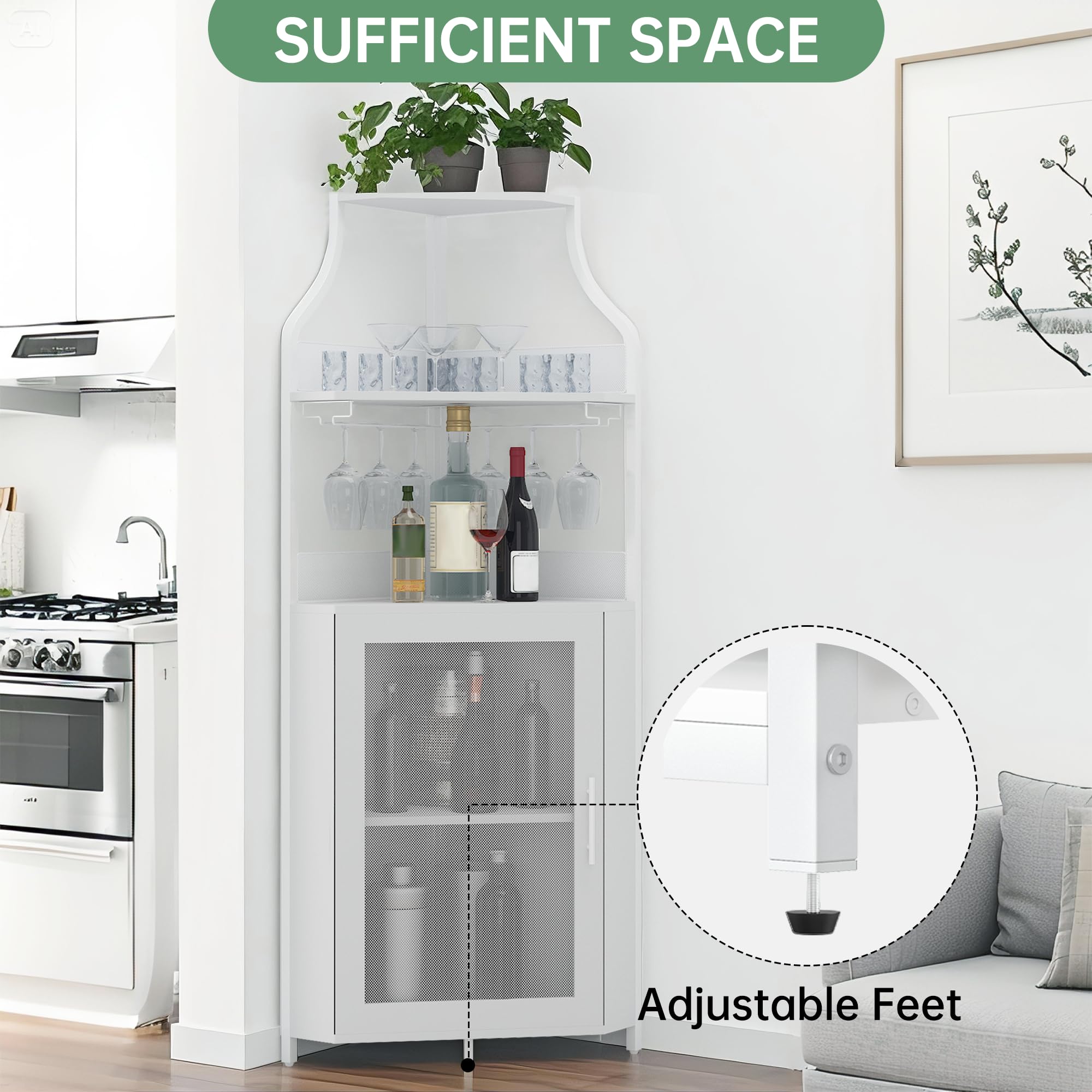 Eck-Weinschrank – Industrieller Eck-Hausbar | 5-Fach Abschließbares Weinregal Mit Glasablage & LED-Beleuchtung | Verstellbare Einlegeböden, Metallgestell & Gittertür | Küche/Wohnzimmer/Bar