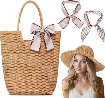4 Pcs Womens Beach Straw Hats Woven Tote Bags French Silk Scarf Straw Set for Summer Travel