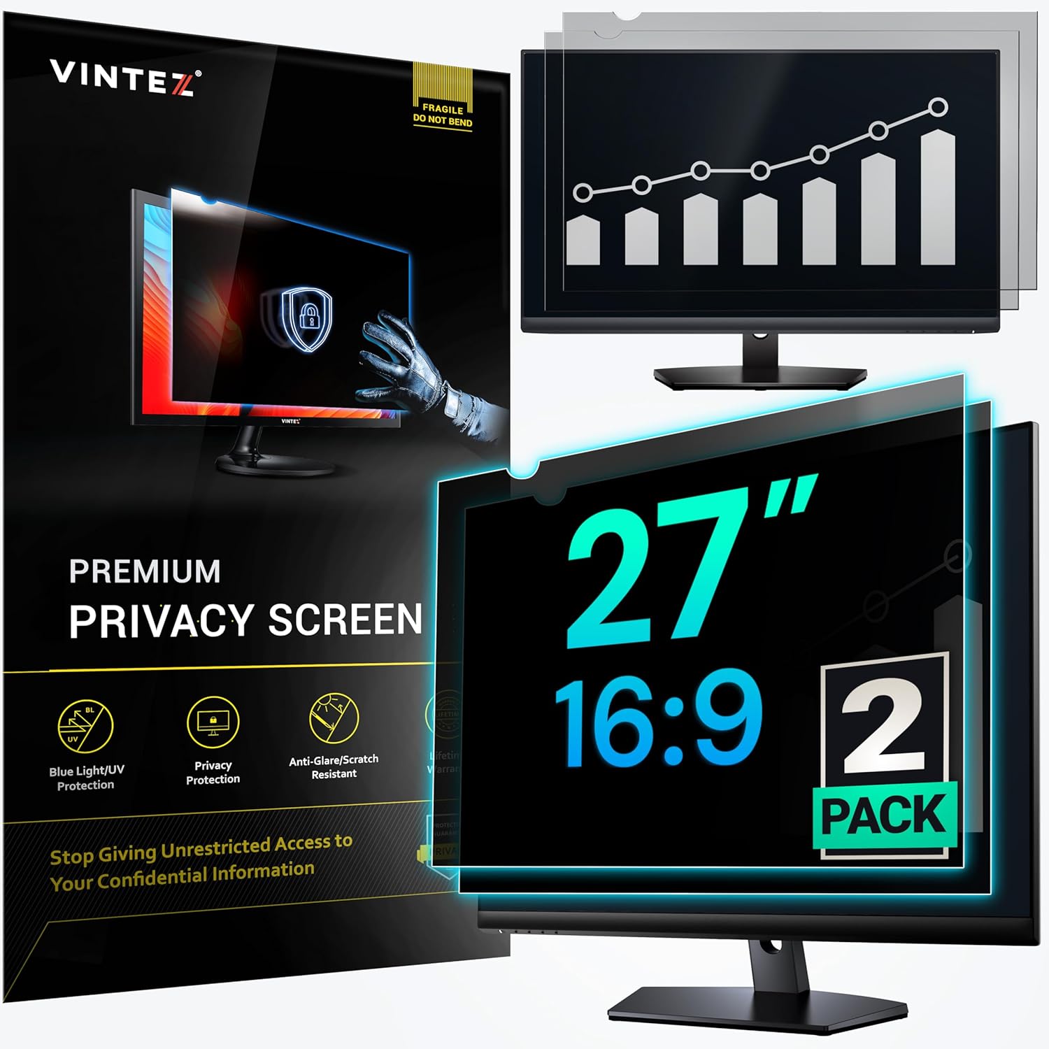 VINTEZ 27 Inch 16:9 Privacy Screen for Computer Monitor and Laptop - Anti Glare Protector Film Blue Light Filter Eye Protection - Computer Screen Privacy Shield, 2 Pack
